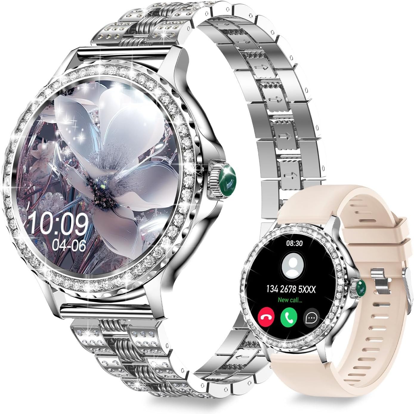 Fitoncloud ‎ Montre Connectée Femme Smartwatch (3,3 cm, android ios), Elegante Damen Smartwatch mit Telefonfunktion und Gesundheitsfeatures