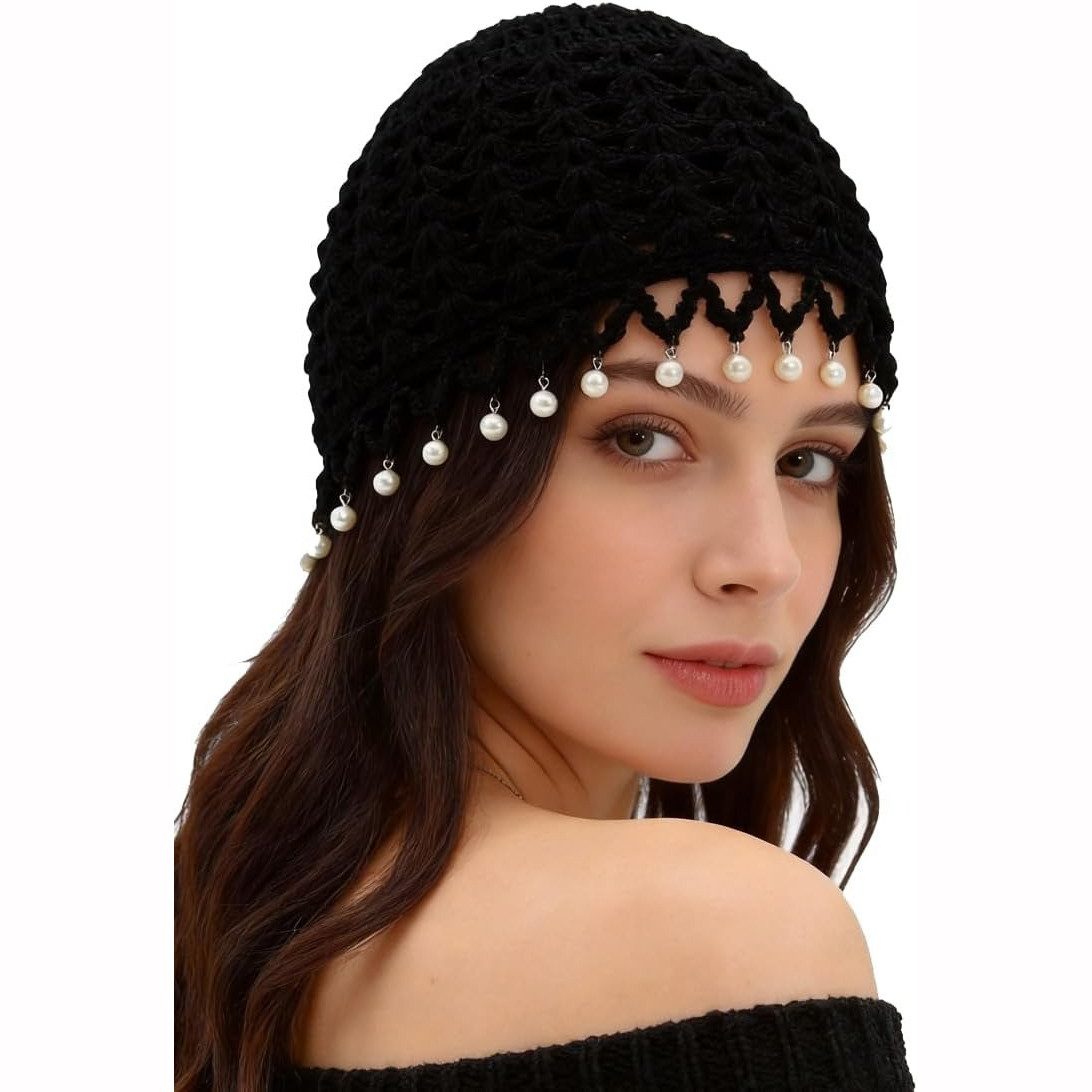 Zaewry Beanie Damen-Bohème-Sommer-Strickmütze mit Quasten und Perlen, lockere Häkelmütze für Sommerreisen und den täglichen Gebrauch