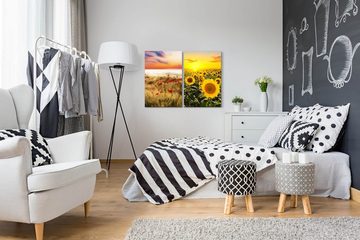 Sinus Art Leinwandbild 2 Bilder je 60x90cm Sonnenblumen Mohnblumen Sommer Sonnenschein Horizont Sonne Sonnenuntergang