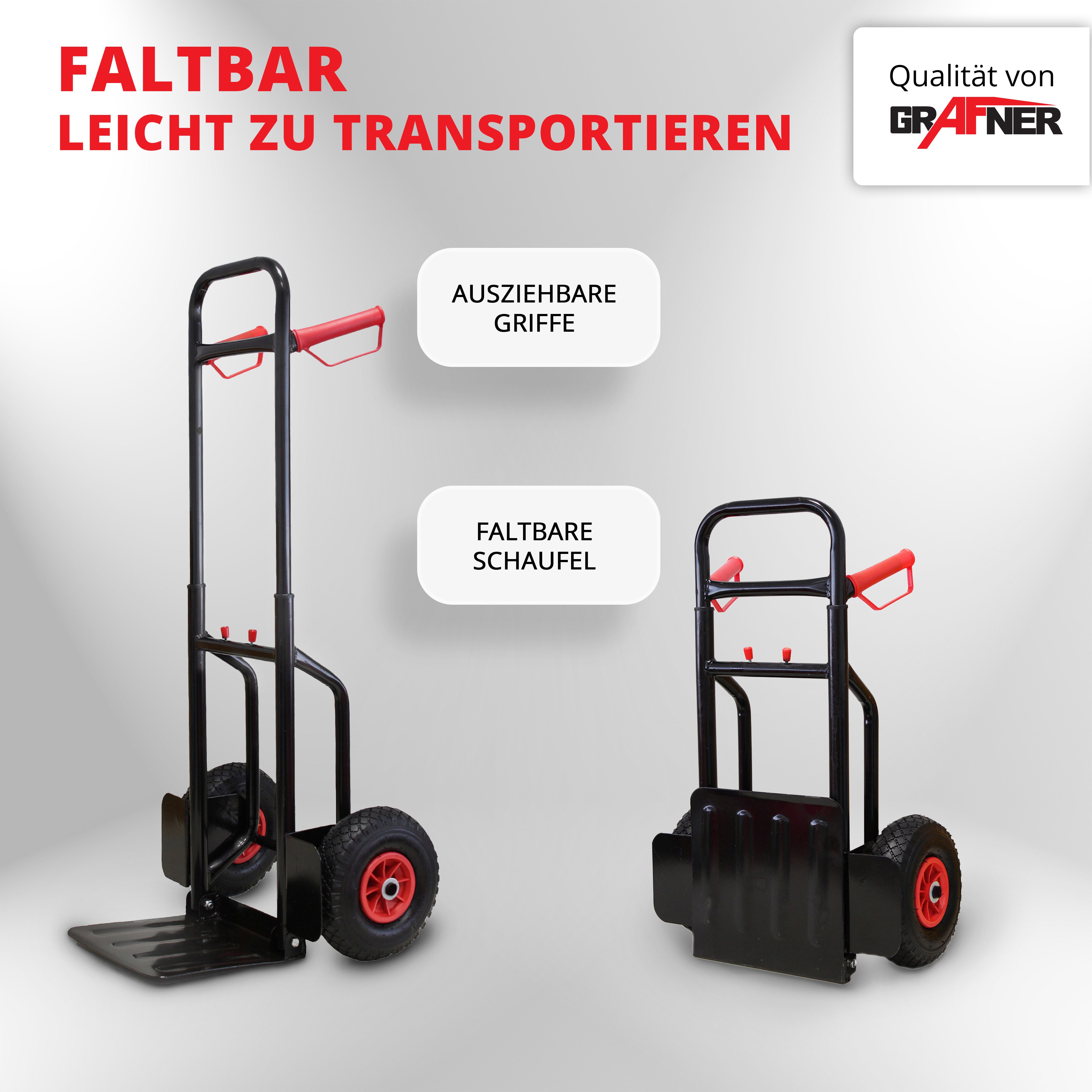 Grafner hand truck, 200kg capacity, extendable/foldable, solid rubber tires, FlatFree, foldable