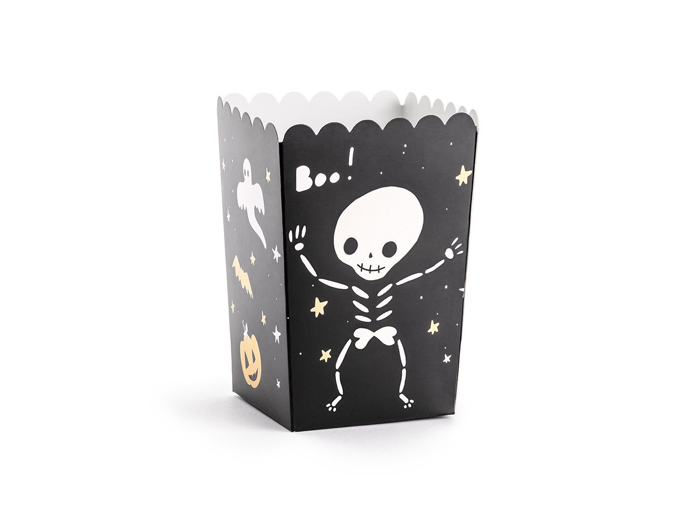 6er Skelett Set gold Dose, schwarz 7x7x12,5cm partydeco Popcorntüten weiß