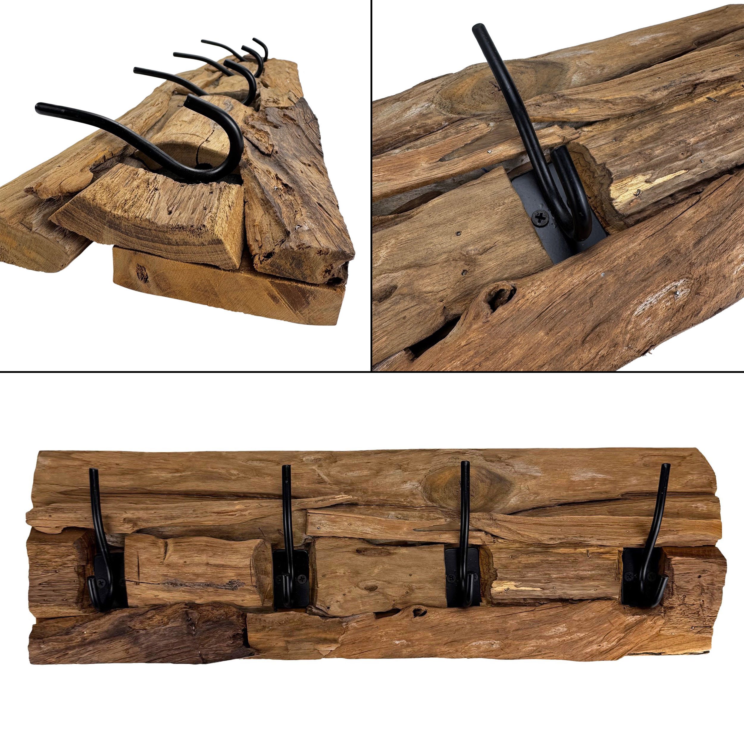 Online-Fuchs Garderobenleiste aus Teak Holz, Wandgarderobe mit 4 Haken aus Metall - 58 cm lang (rustikales Design, natürliche Optik), Treibholz-Look mit natürlicher Maserung und Rissen