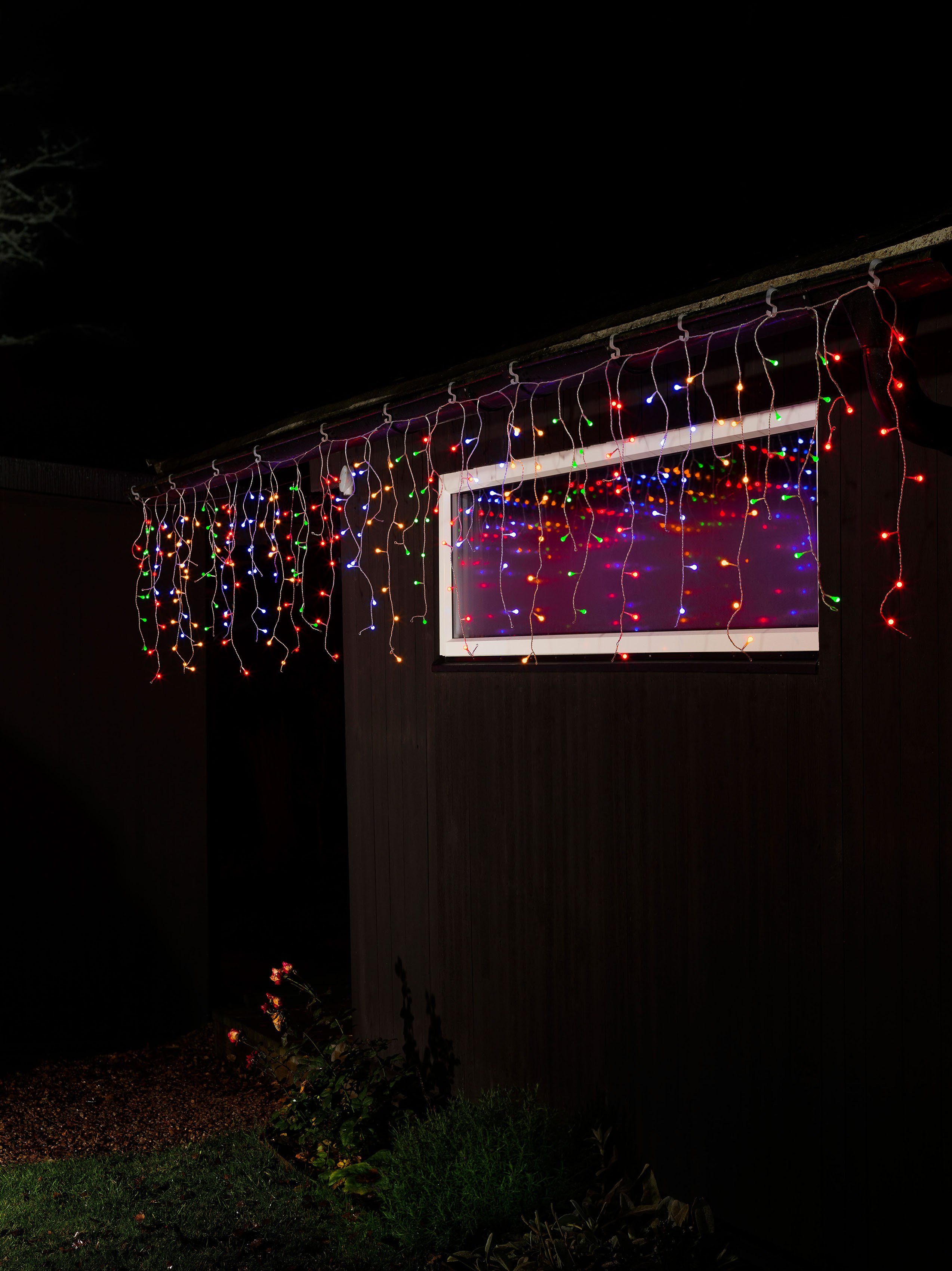 KONSTSMIDE LED-Lichtervorhang Weihnachtsdeko aussen, 200-flammig, LED Eisregen Lichtervorhang, mit bunten Globes, 200 bunte Dioden | Lichtervorhänge