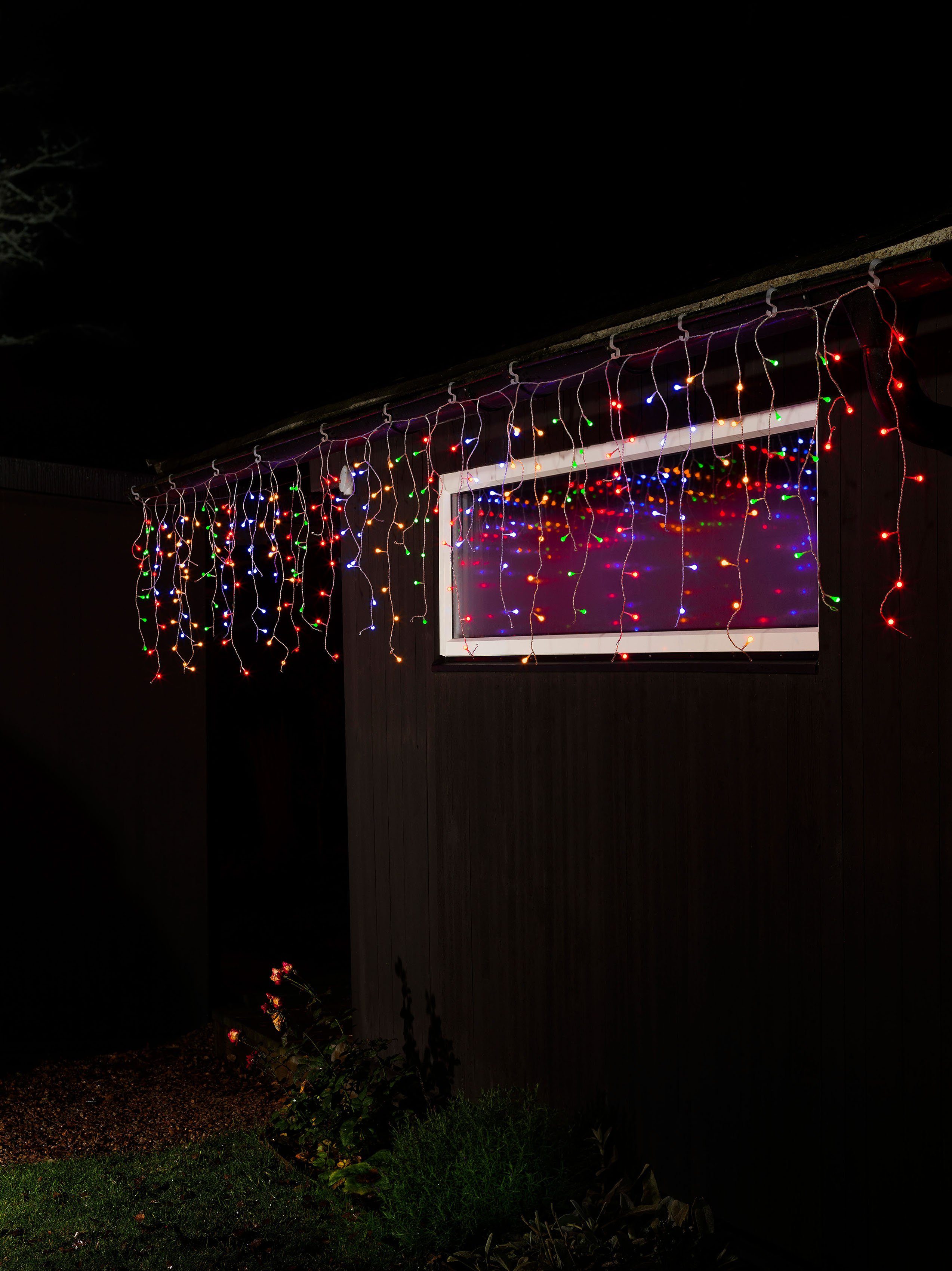 KONSTSMIDE LED-Lichtervorhang Weihnachtsdeko aussen, 200-flammig, LED  Eisregen Lichtervorhang, mit bunten Globes, 200 bunte Dioden