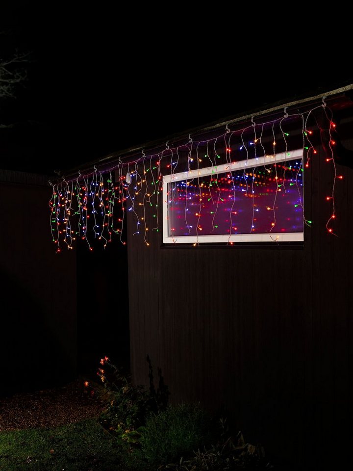 KONSTSMIDE LED-Lichtervorhang Weihnachtsdeko aussen, 200-flammig, LED  Eisregen Lichtervorhang, mit bunten Globes, 200 bunte Dioden