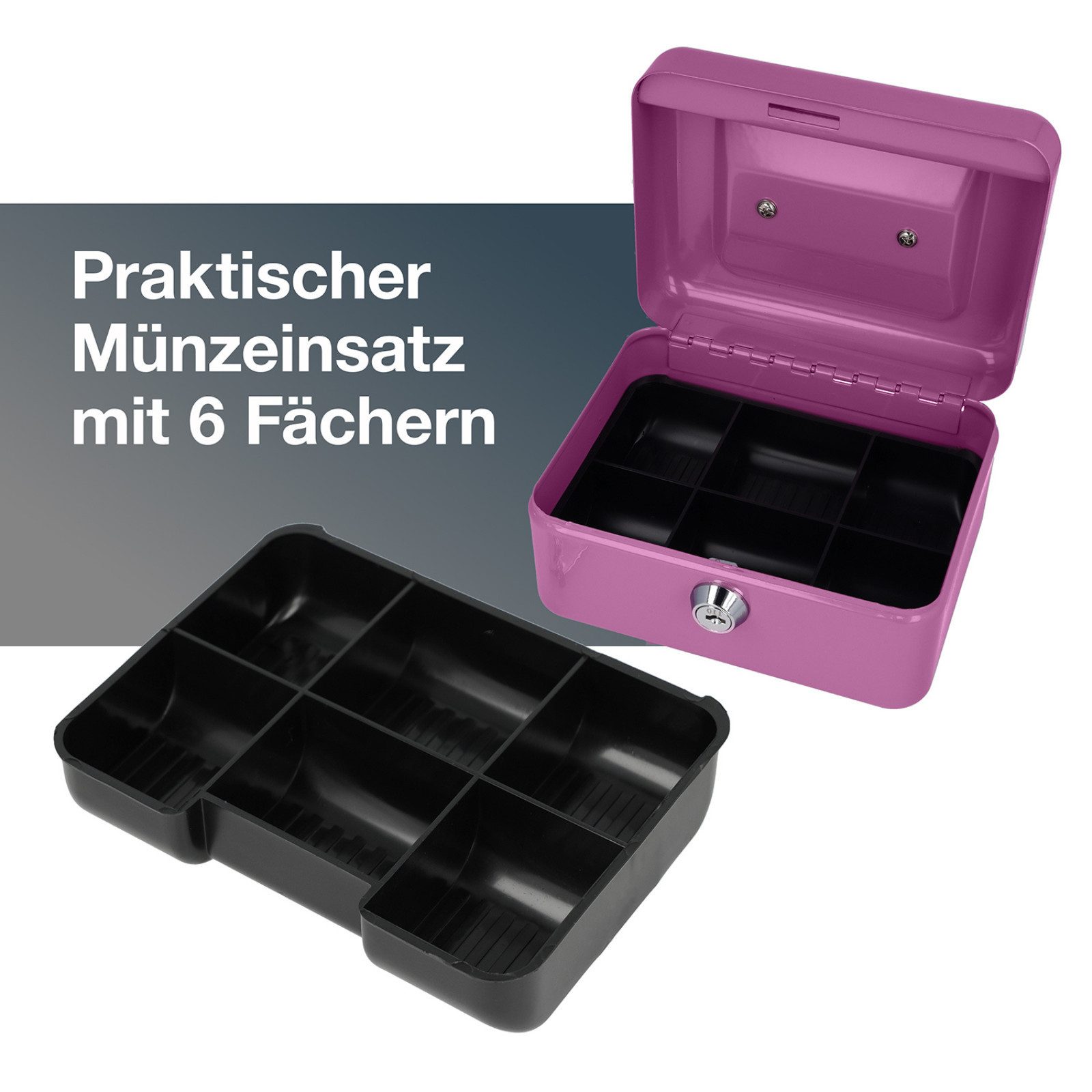WESTCOTT Geldkassette abschließbar kompakt 15cm Lilac, Münzeinlage, 2 Schlüssel, Einlage für Münzen mit 6 Fächern