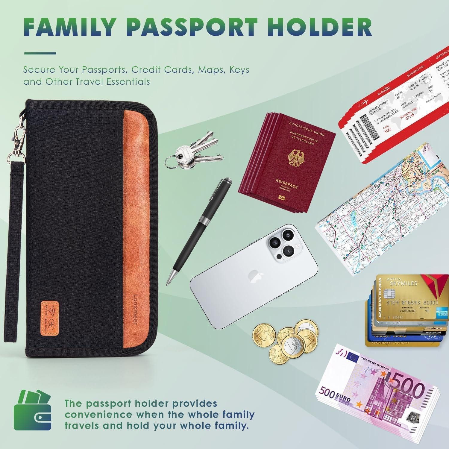 LuxusKollektion Dokumententasche Reisepass Tasche RFID-Blocker Familienorganizer Schwarz Braun