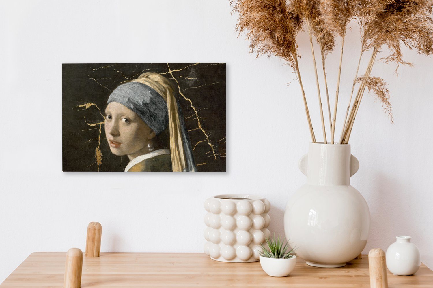 Perlenohrring Wandbild - Wanddeko, Gemälde Leinwandbilder, 30x20 cm Aufhängefertig, mit (1 - Mädchen St), OneMillionCanvasses® Vermeer Marmor,