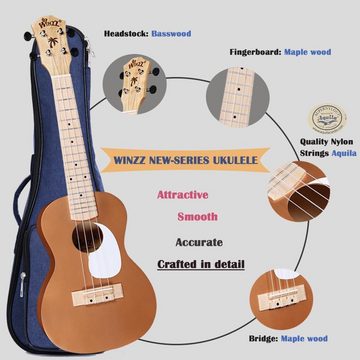 Winzz Konzertgitarre Ukulele Anfänger Set mit 9 Zubehör, Exquisites Design, Aquila Saiten,Marineblaue Tasche für Musikliebhaber