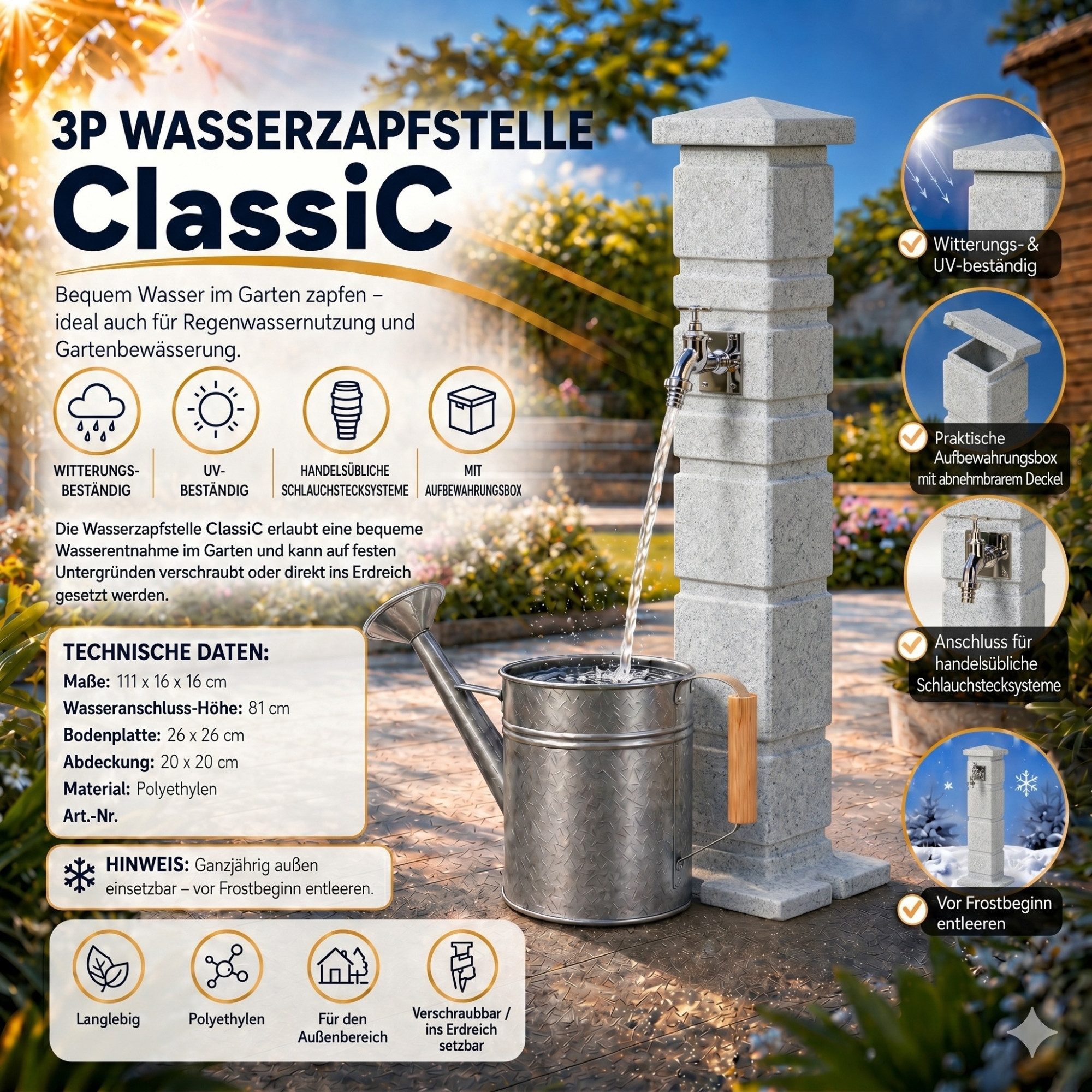 YourCasa Gartenbrunnen Classic Wassersäule Garten Römische Säulenoptik, 111 cm, abnehmbarer Deckel