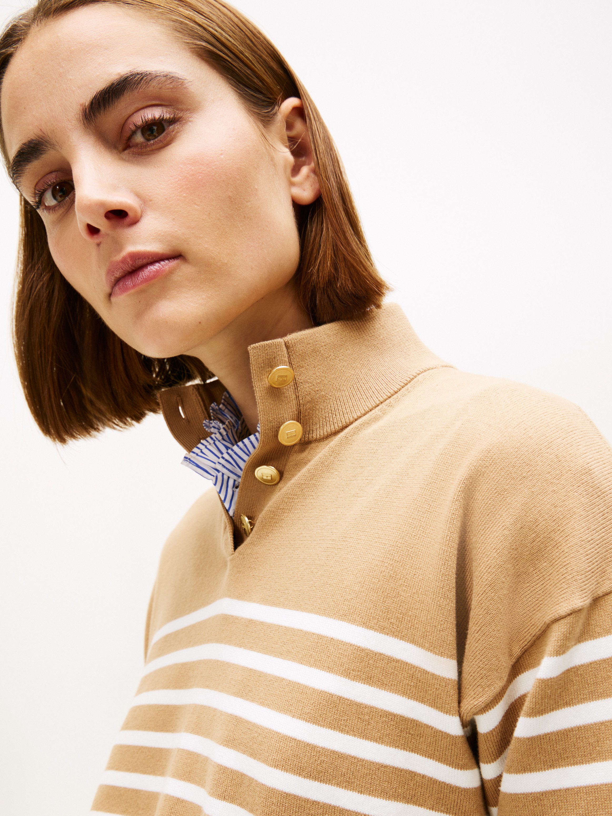 Tommy Hilfiger Strickpullover CO JERSEY GOLD BTN MOCK-NK SWT mit goldfarben günstig online kaufen