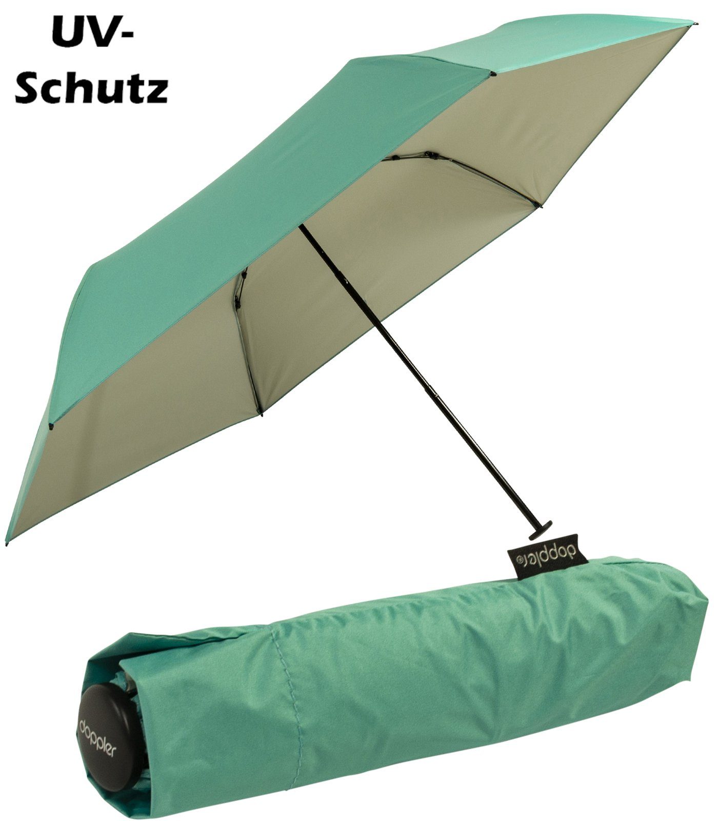 doppler® Taschenregenschirm für Damen, winzig sehr aqua, UV-Schutz, innen Hingucker leicht, - klein aqua-elfenbein und elfenbein außen ein