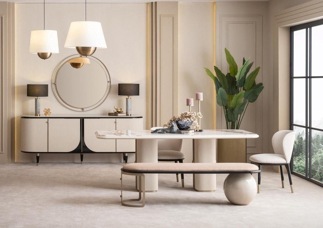 Xlmoebel Essgruppe Essgruppe in Beige: Esstisch, Stühle, Bank und Spiegel modern, (9-tlg), Made in Europa