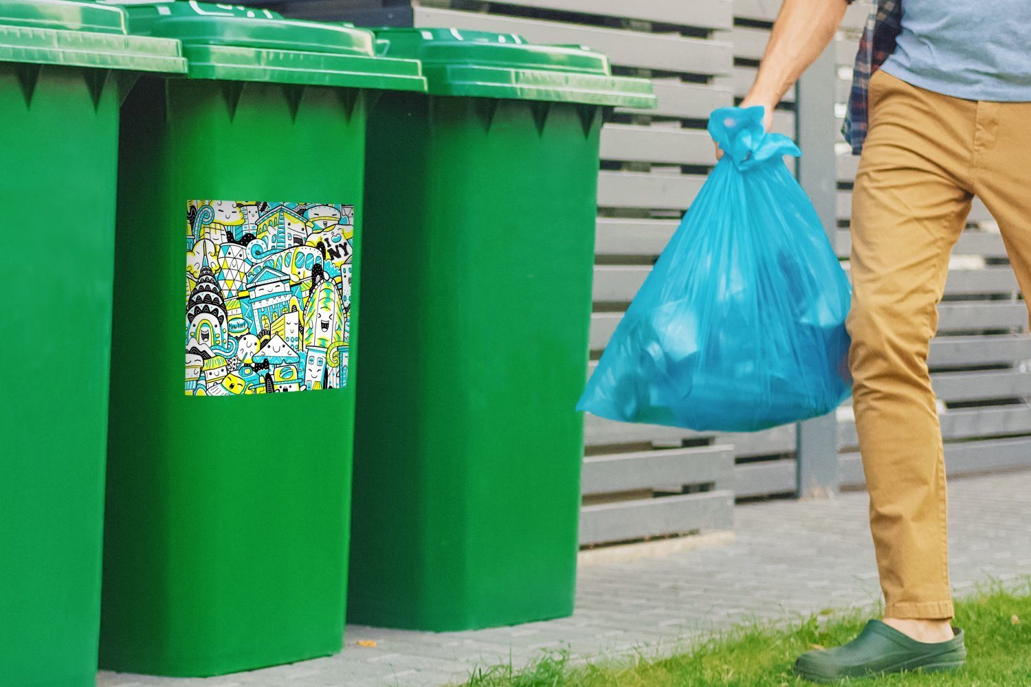 Wandsticker Container, Blau - York Zeichnung Abfalbehälter Mülleimer-aufkleber, MuchoWow Sticker, - St), New Mülltonne, (1