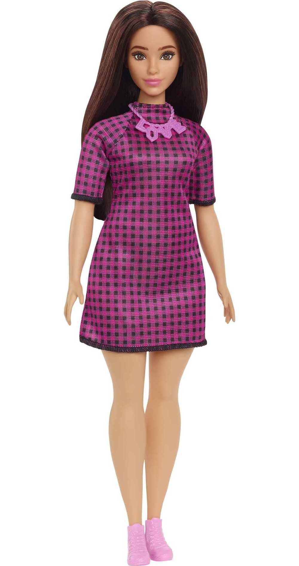 Barbie Anziehpuppe Fashionistas #188 im pink-schwarz karierten Kleid, Fashionistas-Nummer #188 mit Curvy-Körperform und karierter Kleidung i