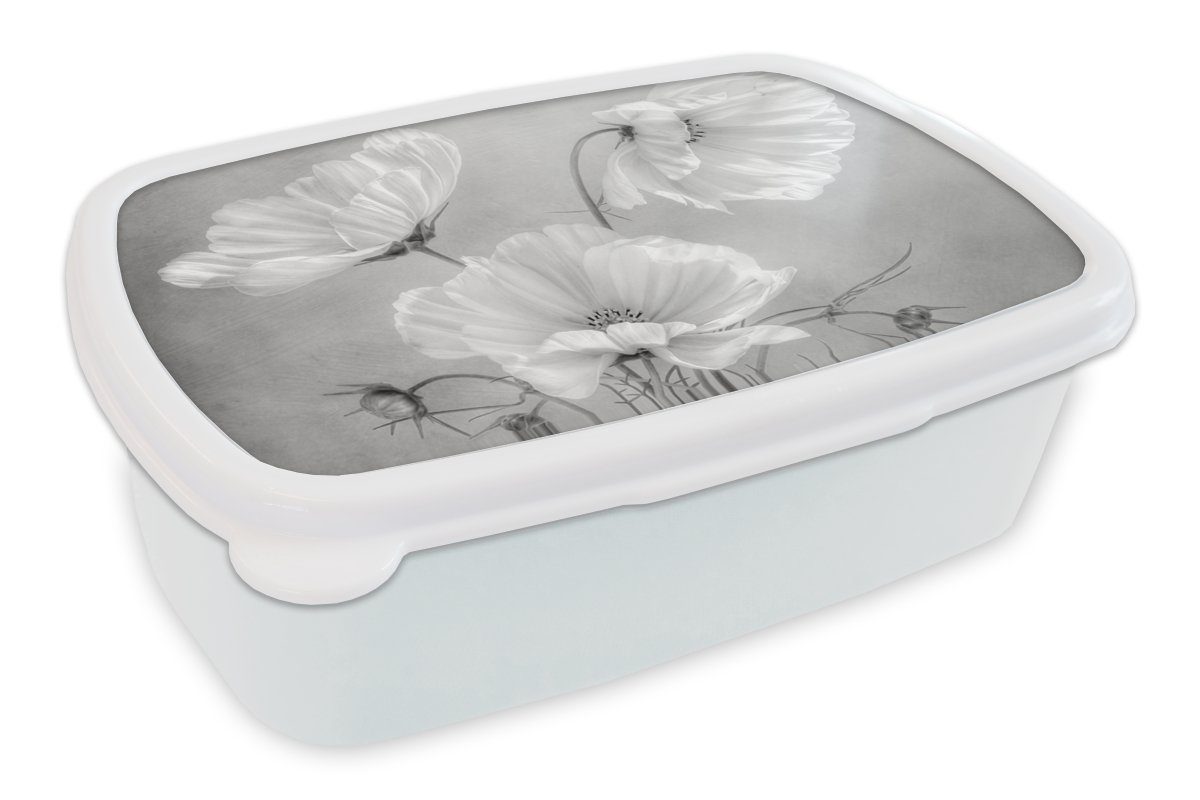 MuchoWow Lunchbox Stilleben - Blumen - Schwarz und weiß - Mohn - Botanisch, Kunststoff, (2-tlg), Brotbox für Kinder und Erwachsene, Brotdose, für Jungs und Mädchen
