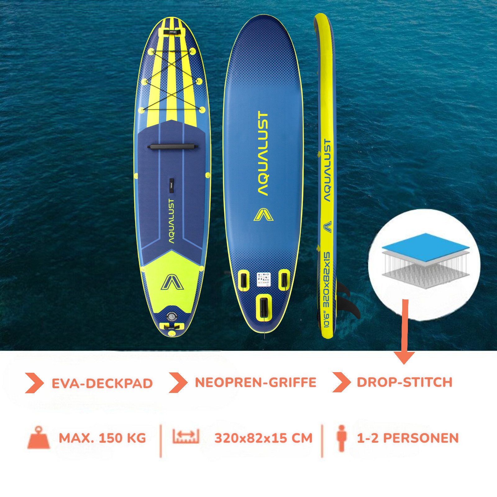 Aqualust SUP-Board AQUALUST 10.6 SUP BOARD 320 cm Set mit Aqua Marina BlueDrive S Motor
