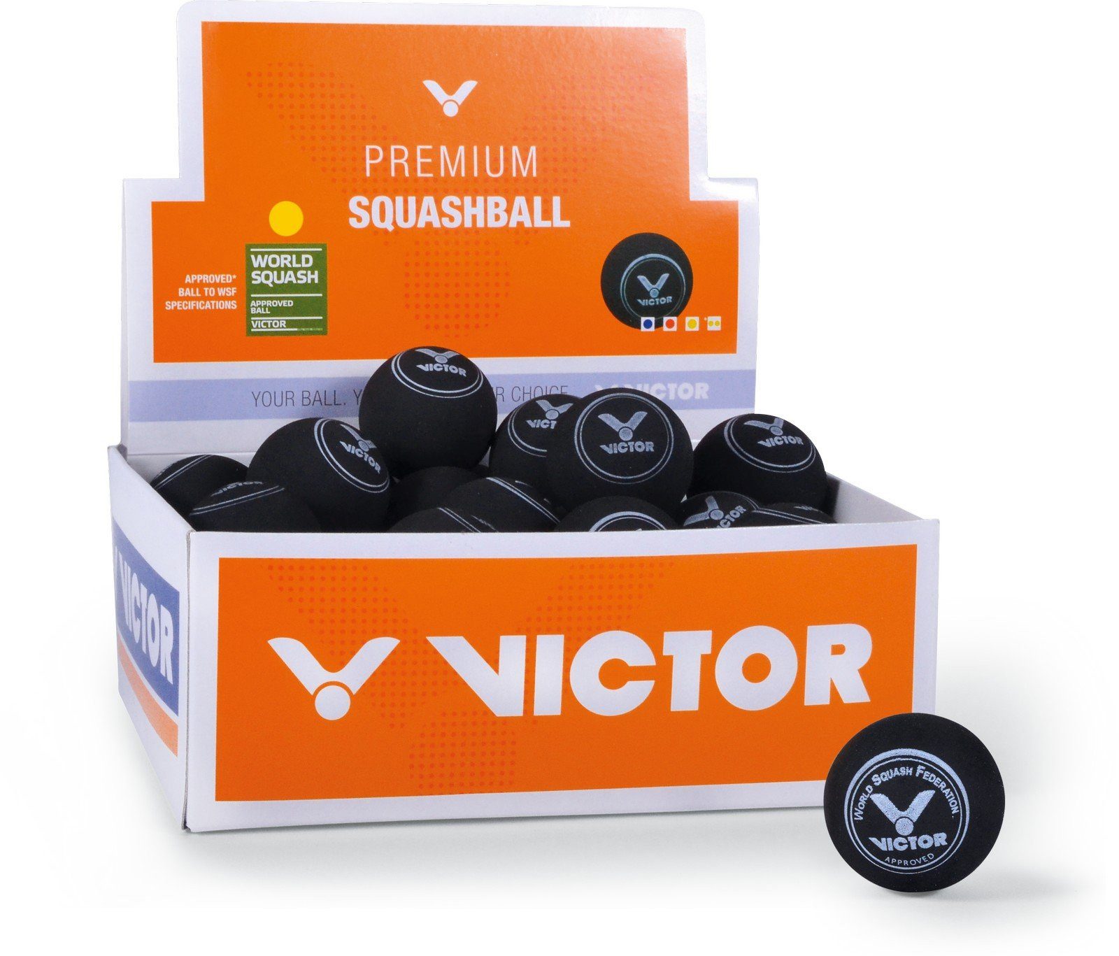 VICTOR Squashball (1 gelber Punkt, Speed langsam) schwarz - 36er Box