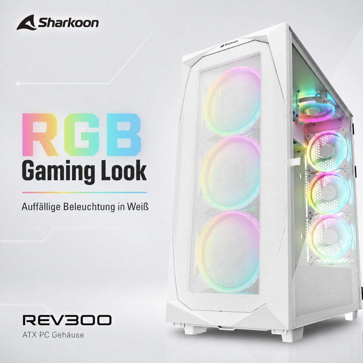 Sharkoon PC-Gehäuse REV300 RGB ATX Gaming PC Gehäuse Computer Tower Computergehäuse, RGB Gaming Gehäuse Computergehäuse Micro PC Computer Gaming Tower
