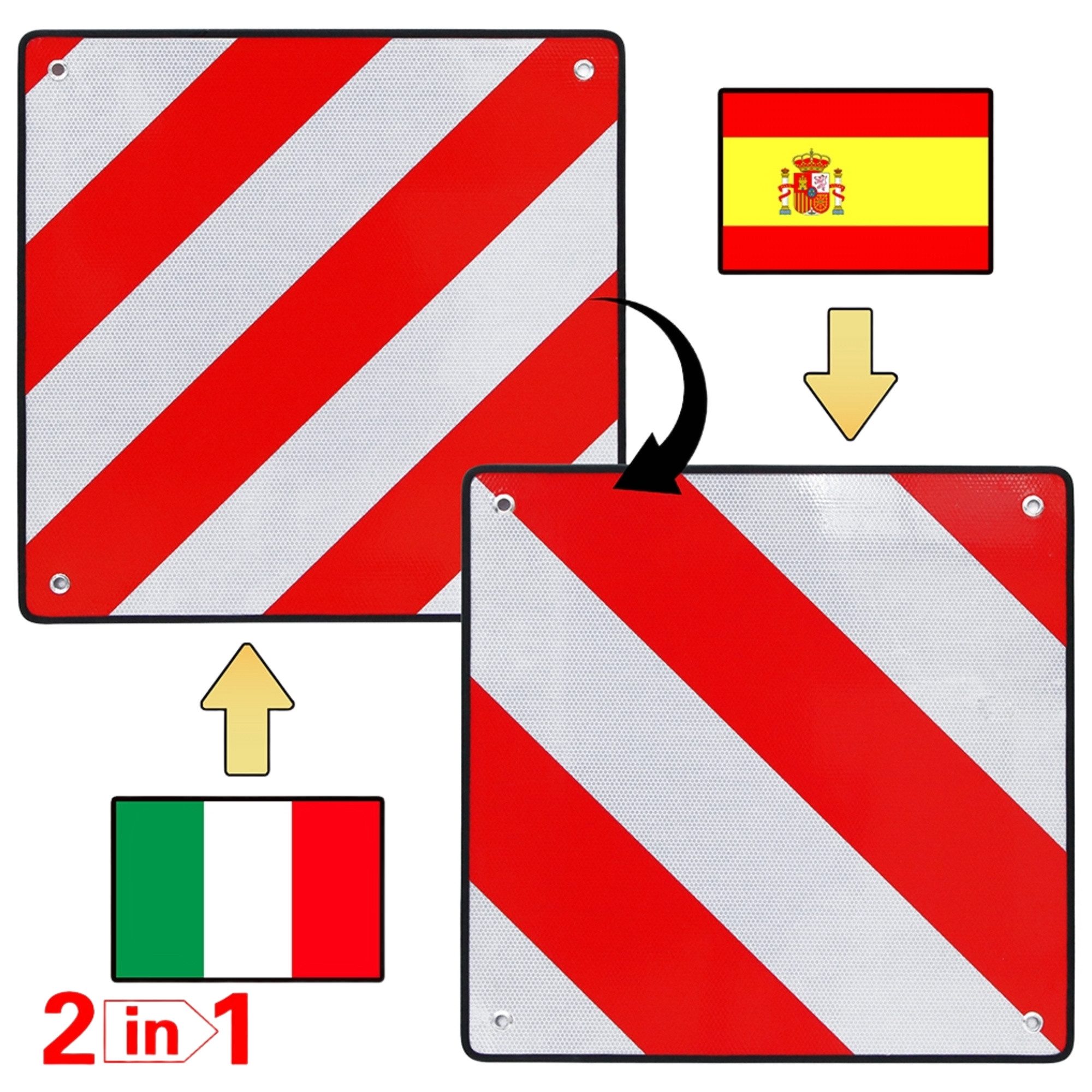 Melko Verkehrsschild Warntafel 2in1 Spanien & Italien Aluminium 500mm Rot Weiß Heckträger, (Set), Reflektionsbeschichtung
