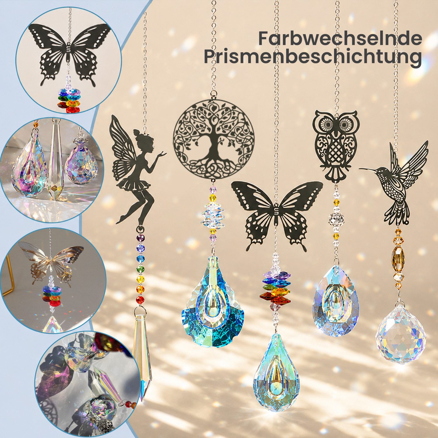 MOPUEA Windspiel 5 Stück Sonnenfänger Kristall Windspiel, Kristalle Deko Anhänger (Fensterdeko Hängend für Zuhause Büro Garten Outdoor Deko, 5 St., für den Garten,Zuhause Büro Outdoor Party Hochzeit Deko), Kristall Windspiel,Baum Eulen Kolibri Schmetterling Fee Anhänger