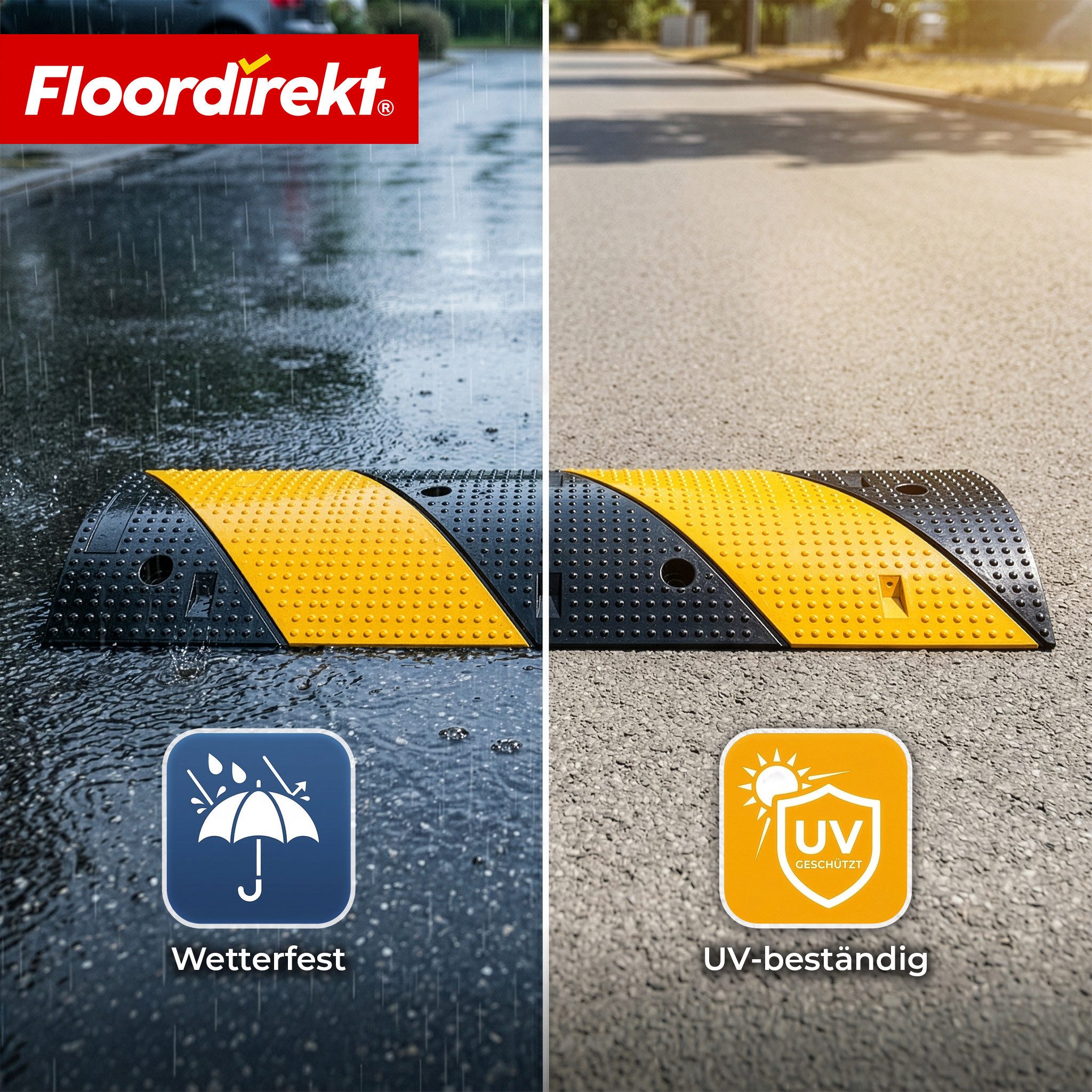 Floordirekt Parkschwelle Pico Bodenschwelle, Fahrbahnschwelle aus Gummi 100x30 cm bis 30 Tonnen, (1-St), Bremsschwelle Einfahrt Parkplatz gelb-schwarz rutschhem – Bild 4 von 5