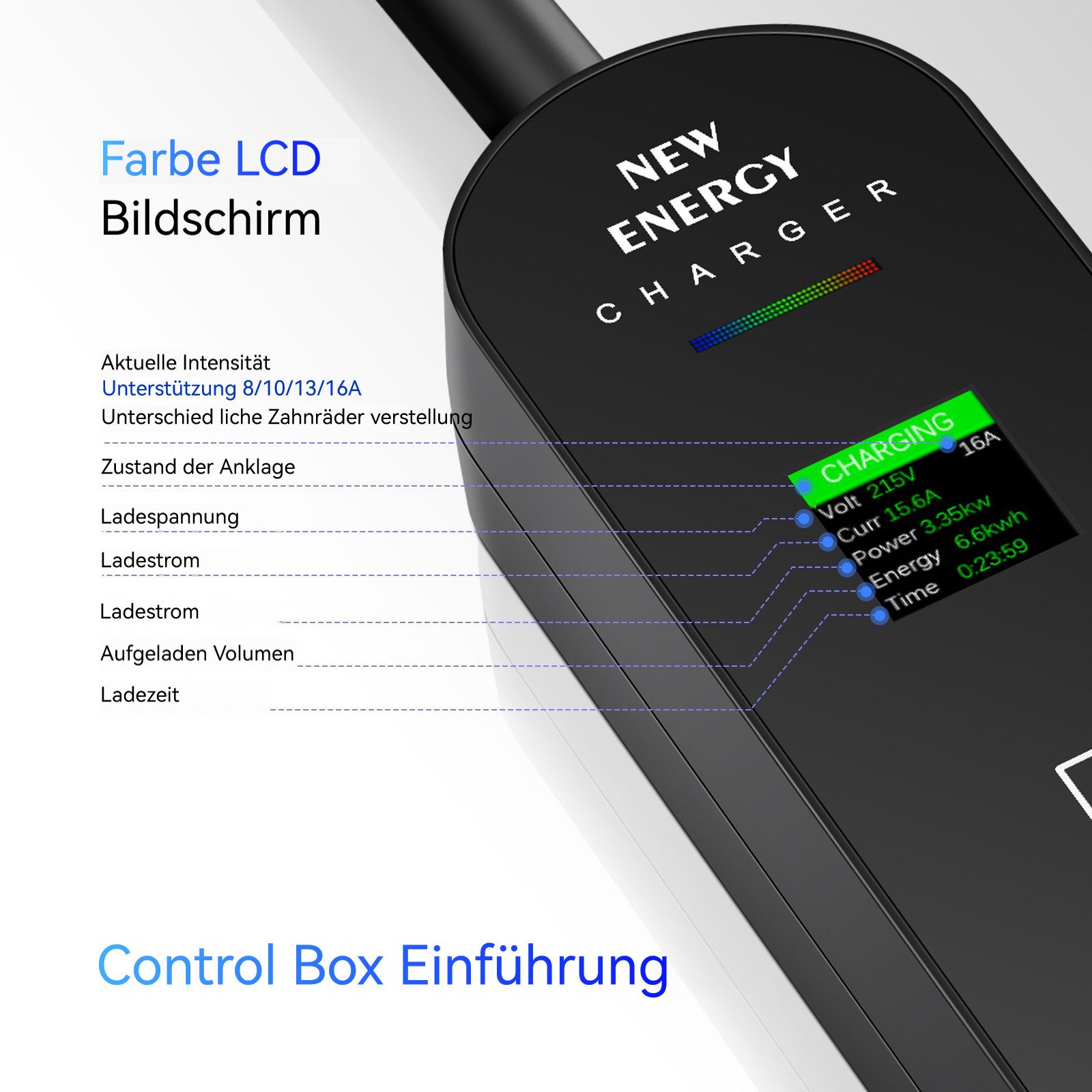 Hikity Tragbare Autoladepistole mit Bildschirm Autoladekabel, Europäische Standard-Stromversorgungen, IP66 Wasserdicht