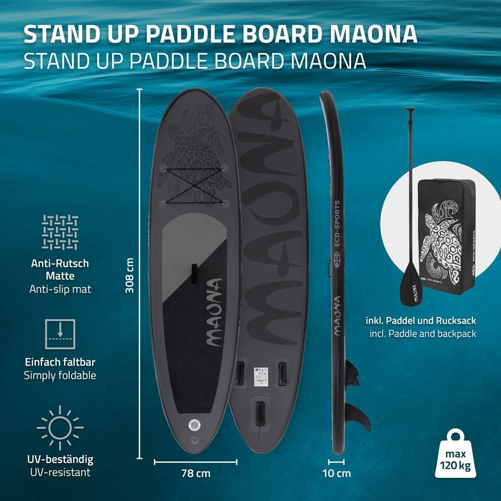 ECD Germany SUP-Board Stand Up Paddle Board aus PVC Maona Paddling Board, Stand-Up Paddle-Board, 308 cm SUP 120 kg schwarz aufblasbar 10 cm Drop-Stitch inkl Zubehör