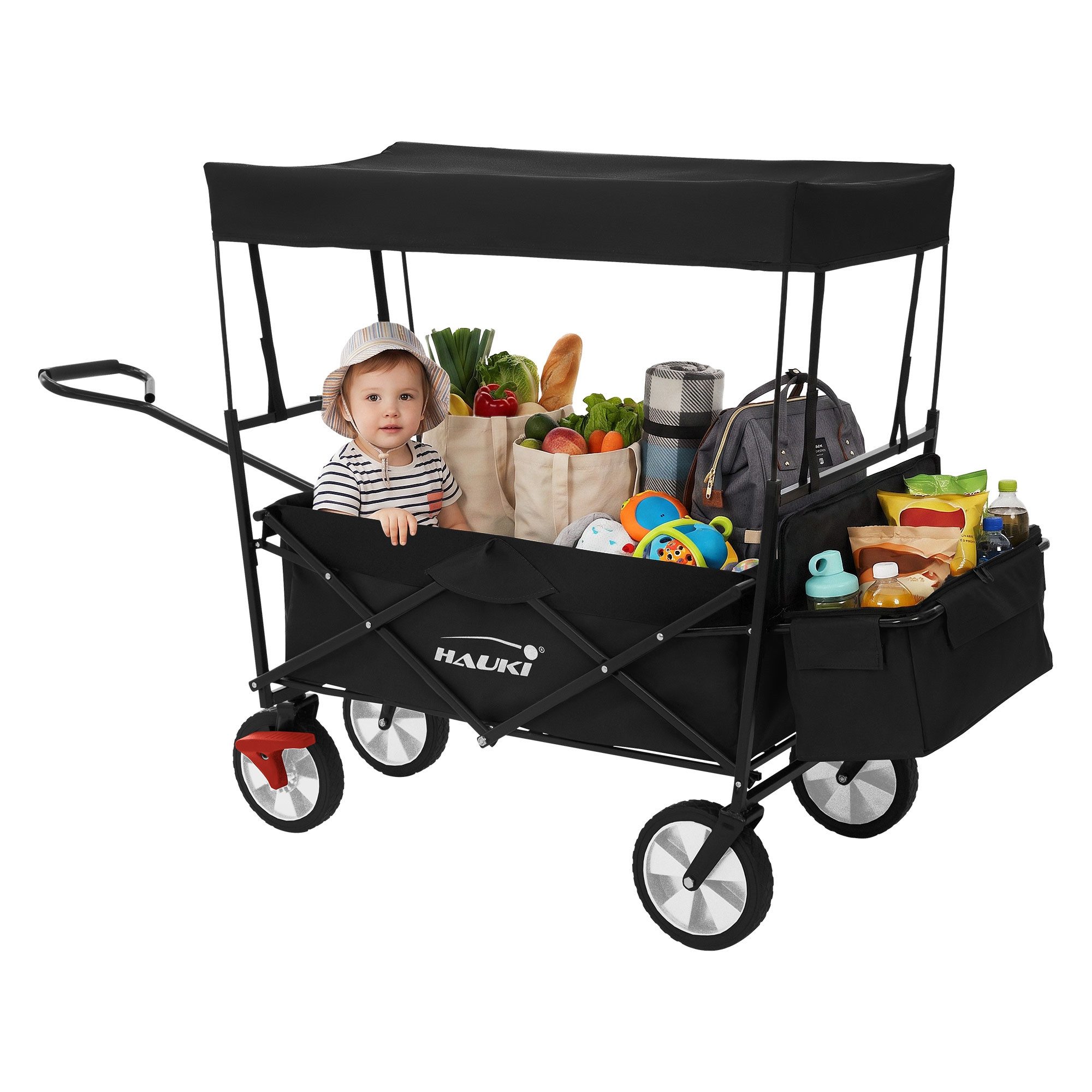 Hauki Bollerwagen Handwagen Transportwagen faltbar klappbar mit Bremse Dach und Tasche, Gerätewagen Schwarz für Kinder Strand Picknick Camping Garten bis 80kg