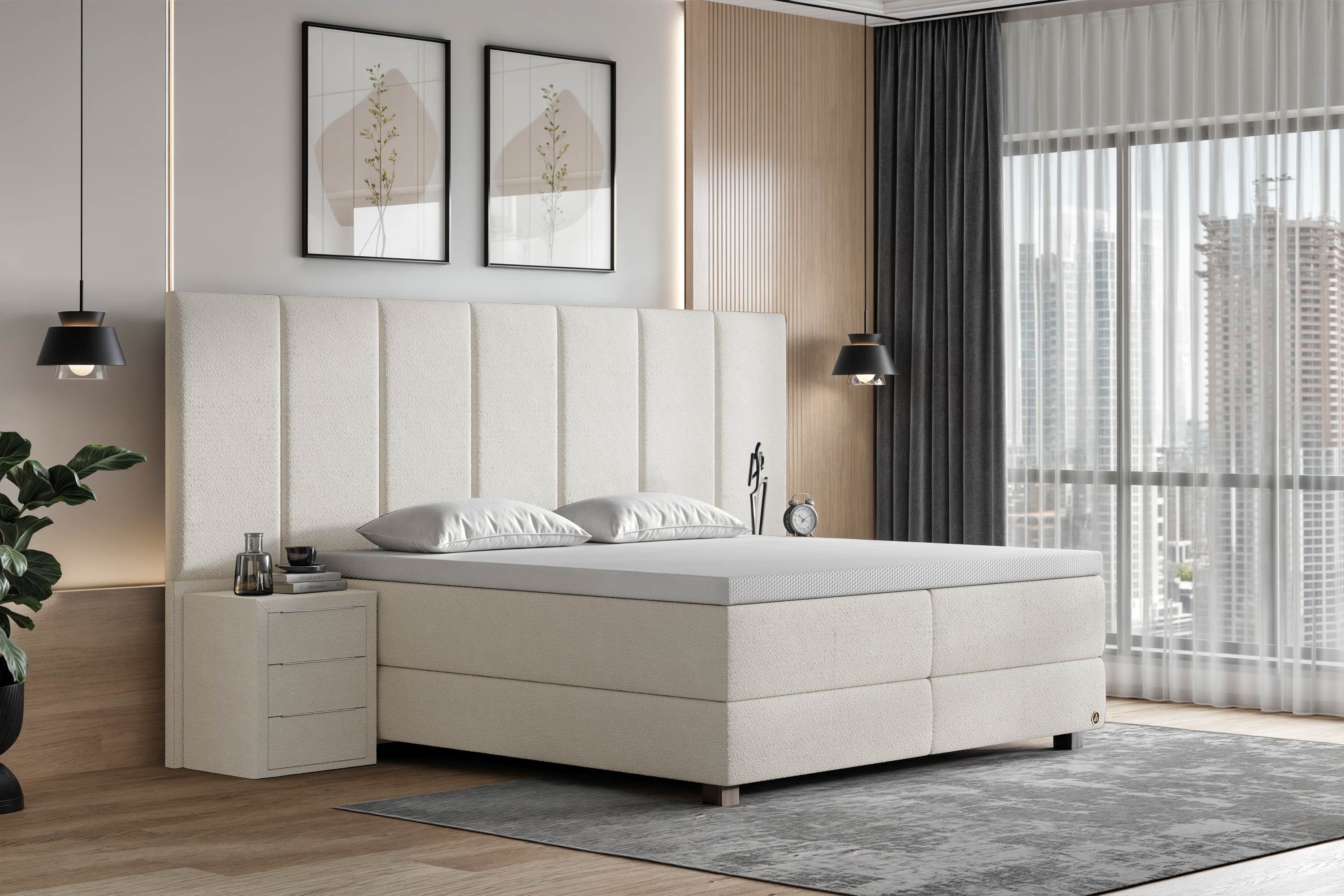 Di-Lara Boxspringbett Victoria 140x200 cm (Creme, Taschenfederkern-Wendematratze H3/H4), mit Matratze(n) und Topper, inkl. 2 Nachtkommoden