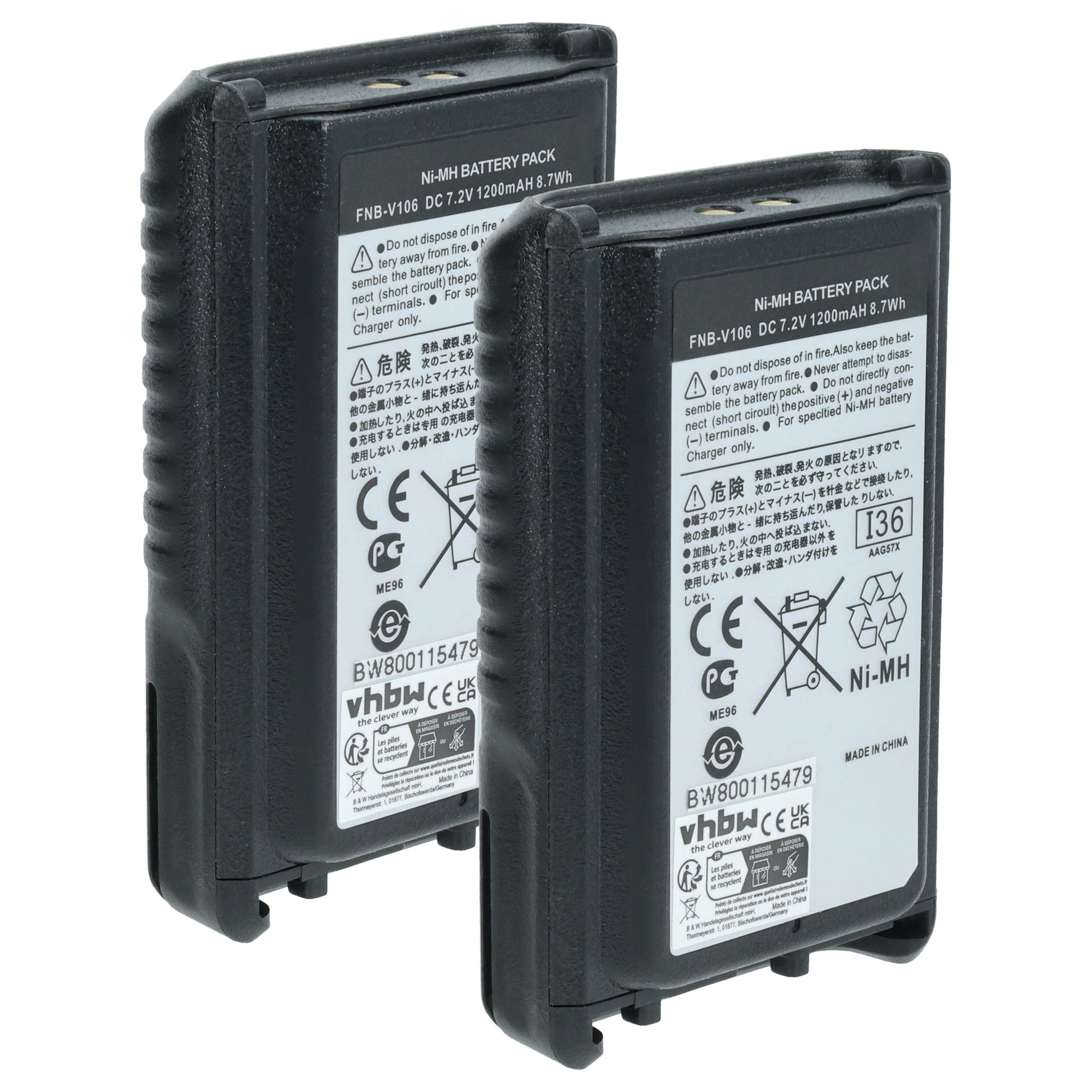 vhbw Akku Ersatz für Vertex Yaesu AAG57X002, FNB-V106 für Funkgerät (1200 Akku Akku NiMH 1200 mAh (7,2 V, 2 St), Leistungsfähige Austausch-Akkus für Ihr Funkgerät, Walkie-Talkie