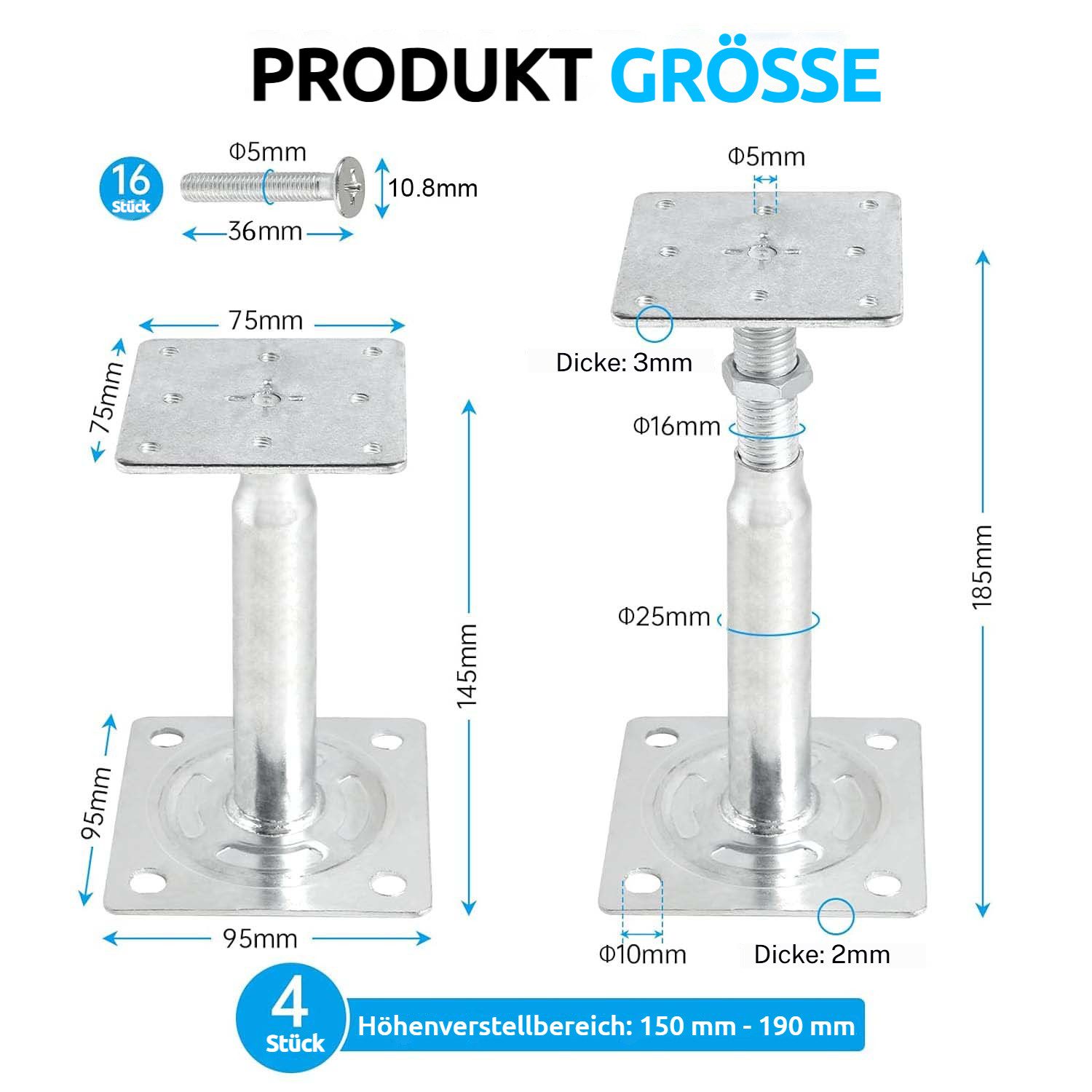 JOYOLEDER Pfostenträger 4 Stück Pfostenträger Höhenverstellbar, Verzinkte 100-150 mm, (150-190 mm Pfostenträger, Stützenfuß Bodenfuß für, Zäune, Unterstände, Carports, Pergolen, Bauarbeiten)