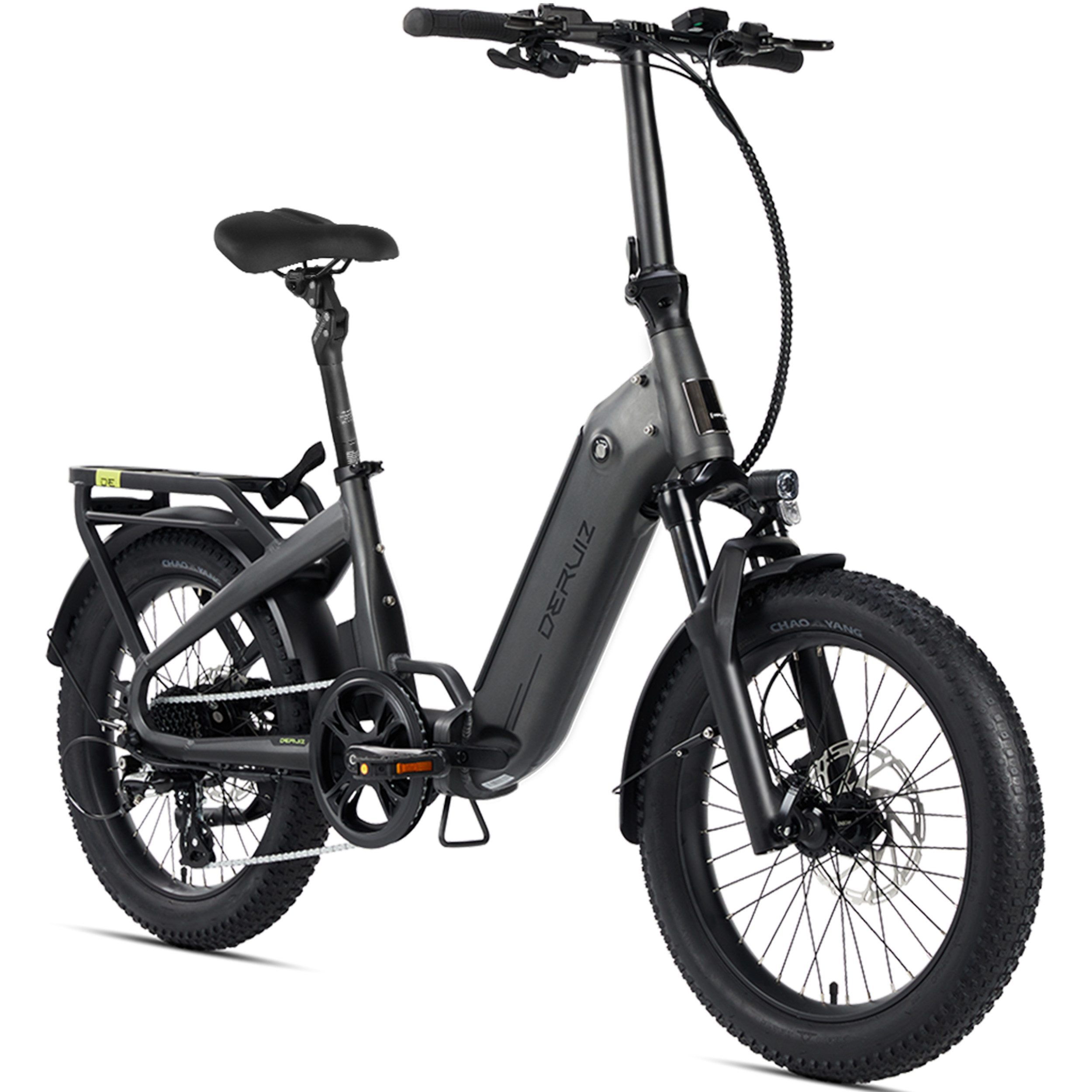 DERUIZ E-Bike Klapprad 20x3,0 Zoll, max. 140km, Federsattelstütze, mit Bluetooth, 5 Stufen, 8 Gang SHIMANO SHIMANO ALTUS 11-32T Schaltwerk, Kettenschaltung, Heckmotor, 500 Wh, (mit Akku-Ladegerät, mit Werkzeug), RH:36cm, Bremslicht, Gepäckträger (max.50kg), hydraulische Bremsen