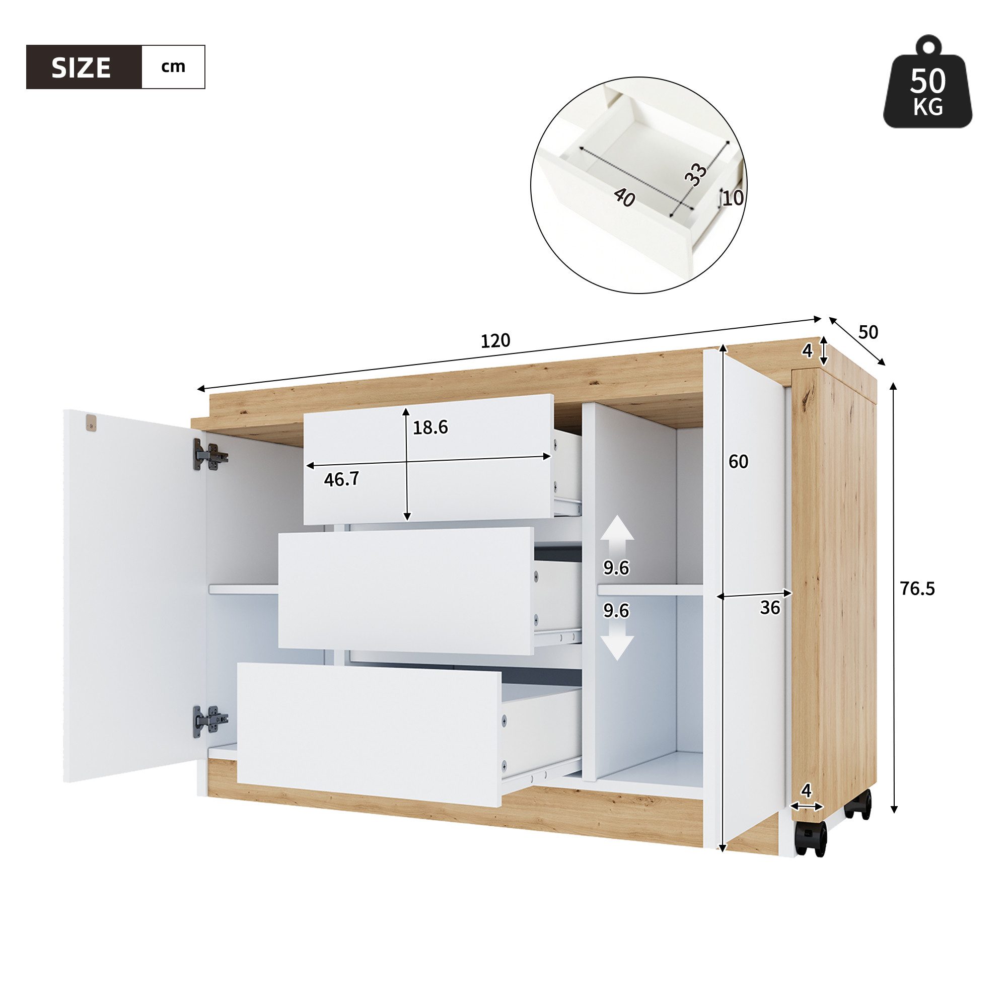 Celya Schreibtisch Eckschreibtisch mit feststellbaren Rollen, multifunktionales Design (weiß/Eiche, Faltbarer Schreibtisch, Sideboard,Dicke Materialie), 4 cm di – Bild 2 von 5