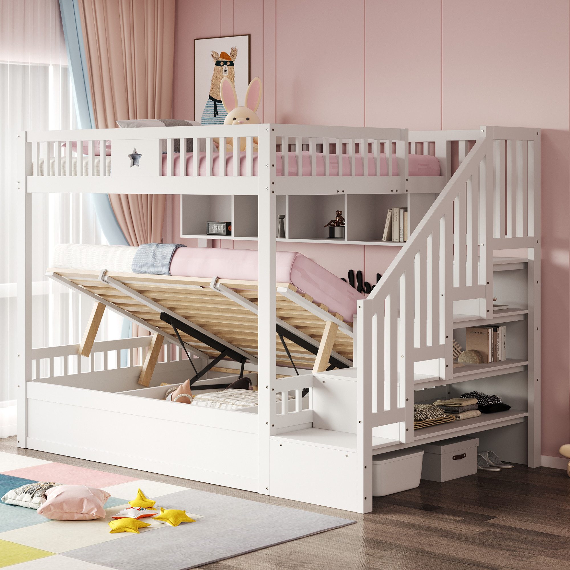OKWISH Etagenbett Kinderbett Stauraumbett (mit Stauraumtreppe, Regalen und hydraulischem Unterbett, 140x200 cm), ohne Matratze