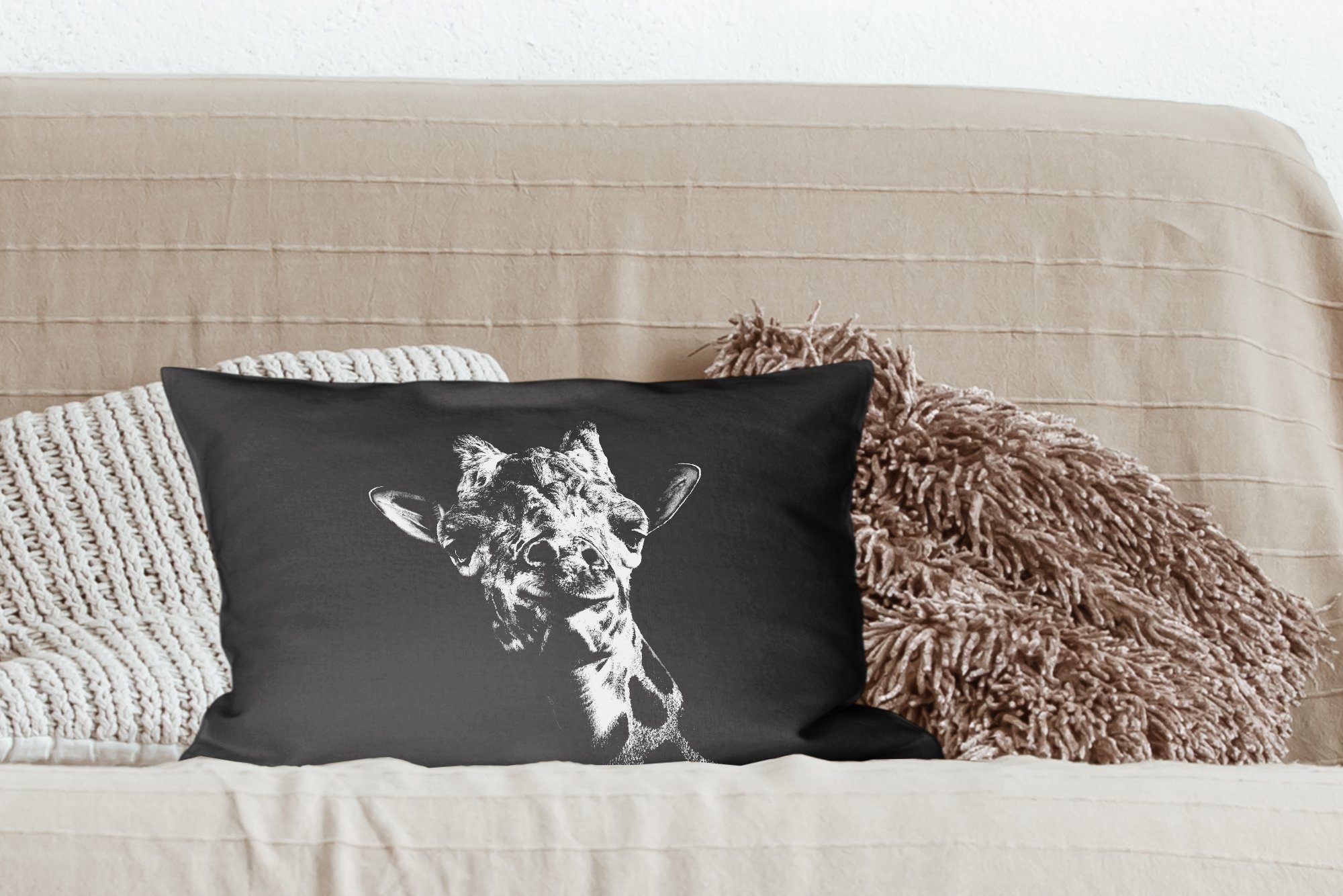 Zierkissen, - Weiß, Dekoration, Schlafzimmer Dekokissen mit Wohzimmer - Schwarz Giraffe Dekokissen MuchoWow - Füllung, Tier