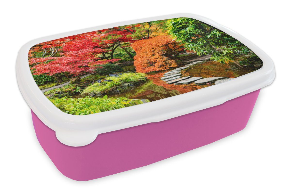 Lunchbox Brotdose - MuchoWow rosa Kinder, Weg - Japanisch Bäume - für Kunststoff Kunststoff, - Erwachsene, Natur, Snackbox, Steine (2-tlg), Mädchen, Brotbox