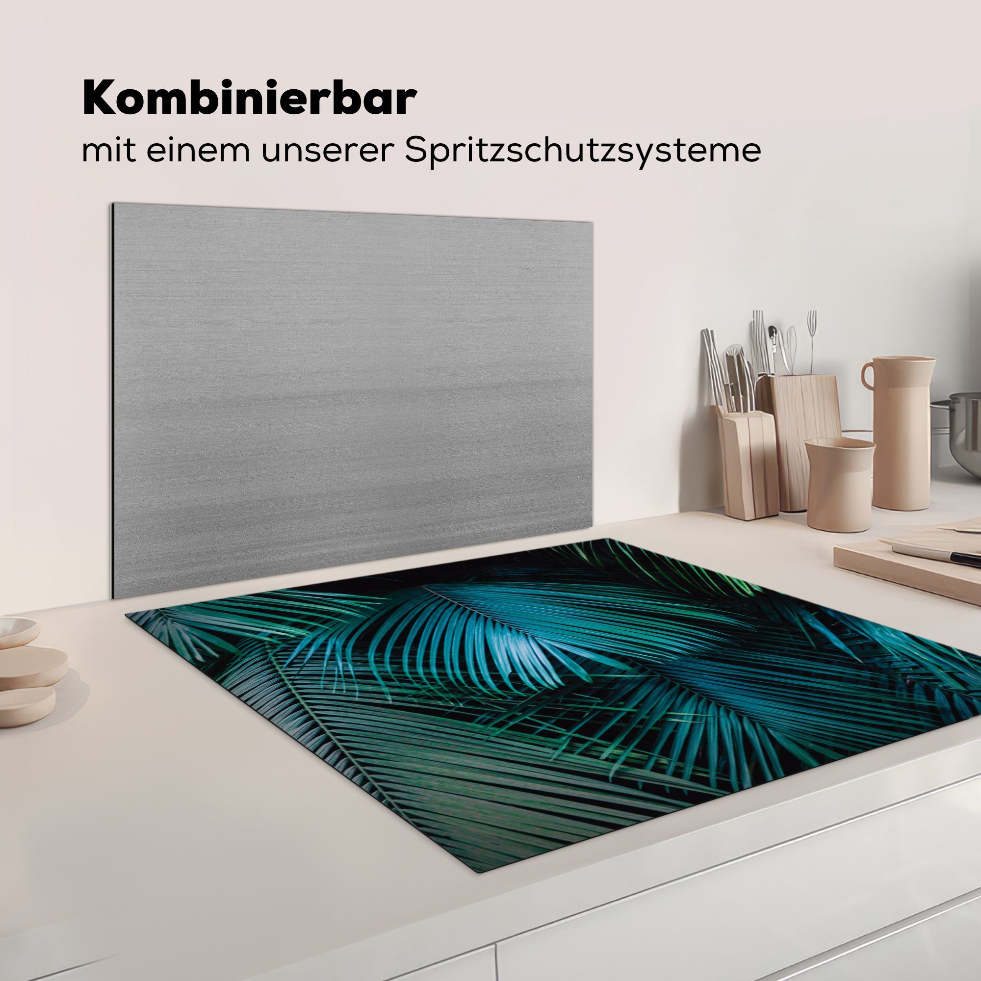 - Palmen tlg), 78x78 Vinyl, Herdblende-/Abdeckplatte cm, - Ceranfeldabdeckung, (1 Blätter, Arbeitsplatte Dschungel küche MuchoWow für