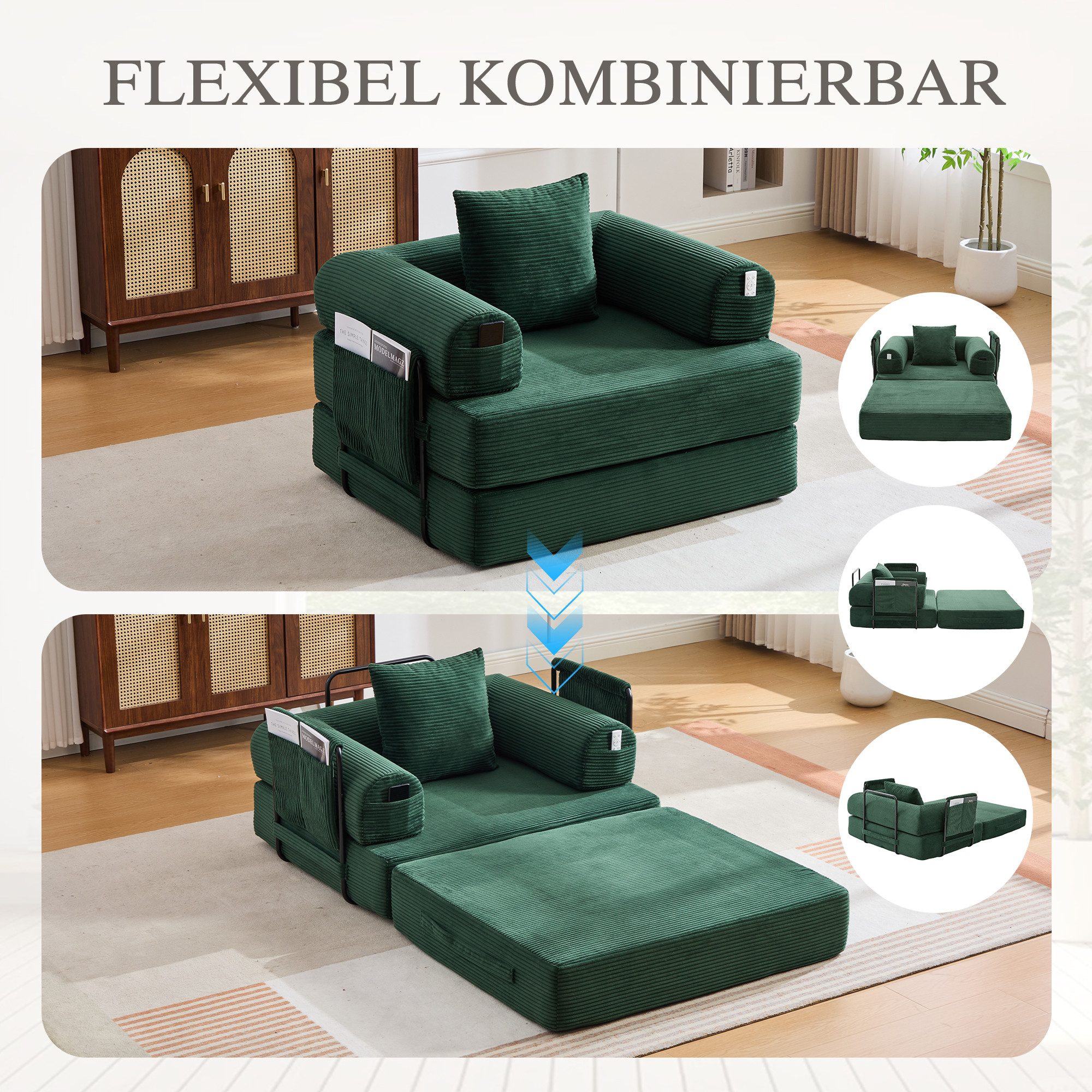 Odikalo Loungesofa Relaxsofa Armlehnensofa mit Schlaffunktion & Metallrahmen, Cord, Cord-Kompressionssessel – ergonomisches Design + dicke Polsterung für langanhaltenden Komfort. Inkl. Seitentasche & Kissen, frei kombinierbar.