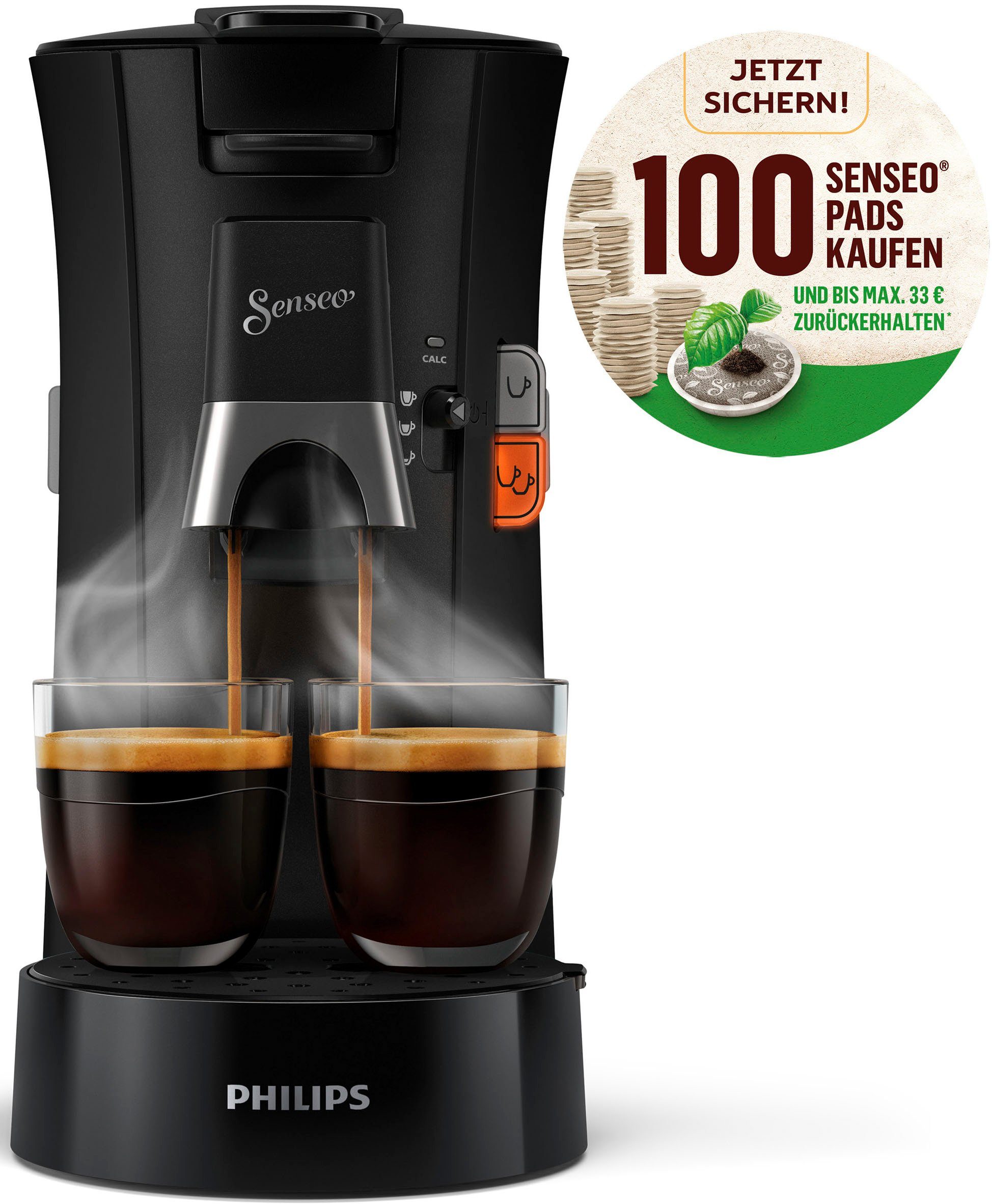 Philips Senseo Kaffeepadmaschine Select CSA230/69, aus 21% recyceltem Plastik, Crema Plus, 100 Senseo Pads kaufen und bis zu 33  zurückerhalten