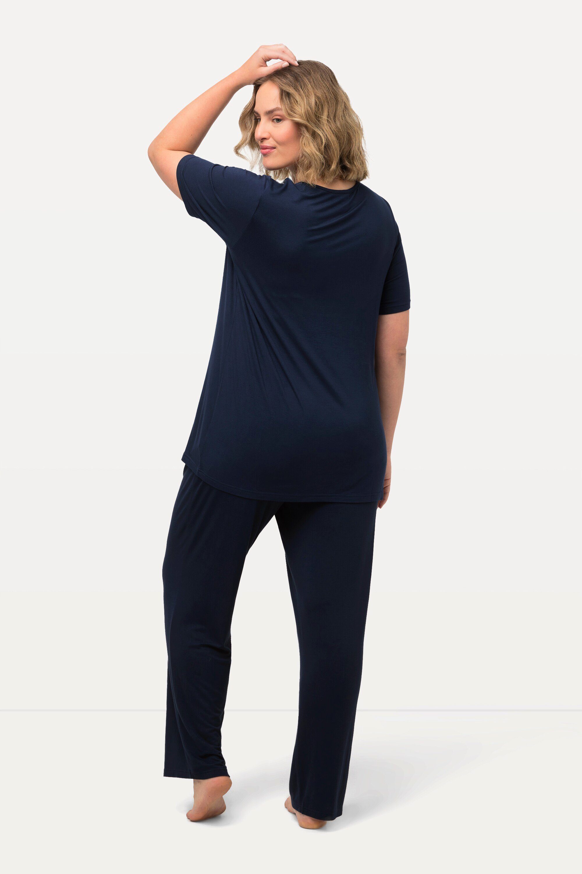 Schlafanzug Ulla Halbarm Rundhalsausschnitt Pyjama Spitze nachtblau Popken