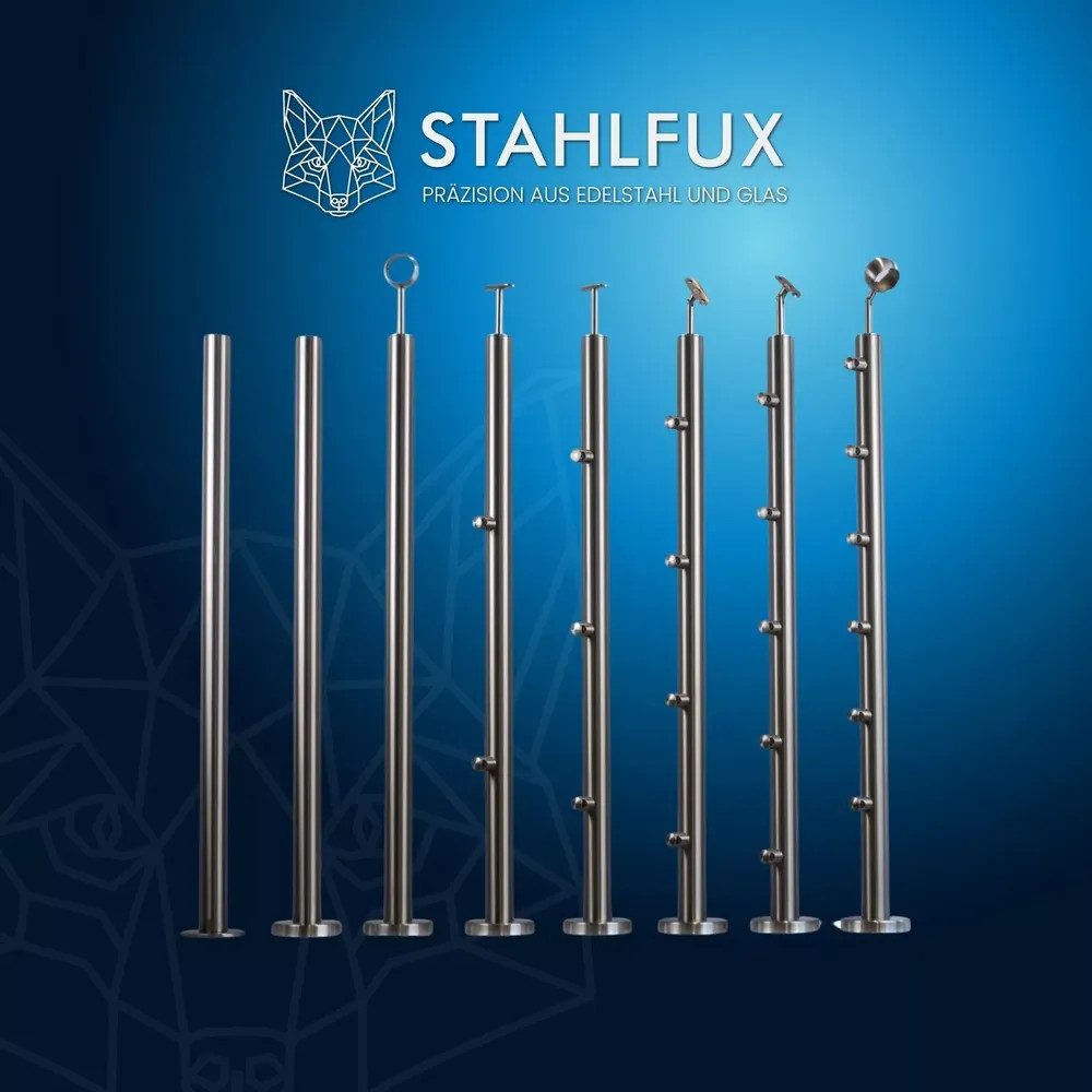 StahlFux Pfostenfuß Balkongeländer Edelstahlpfosten mit Stabhalter, für Treppen, Balkon, Garten, Terrassen, Bodenmontage, (Spar-Set, 1-St., 2 - 6 Stabhalter nach Wahl), maximale Stabilität und höchste Sicherheitsstandards