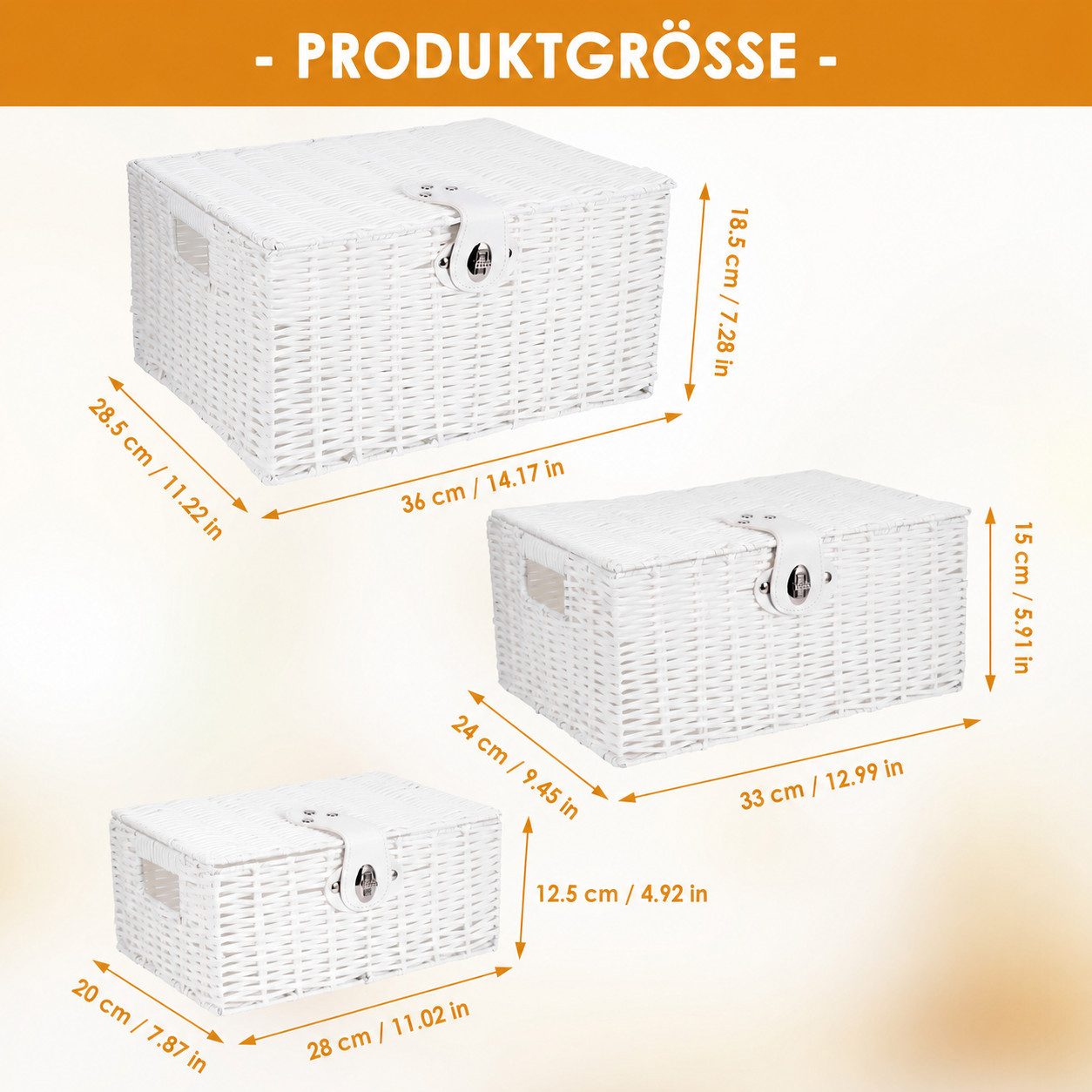 BlingBin Aufbewahrungskorb 3er Set Weiß Aufbewahrungskörbe aus PP-Rattan, mit Deckel & Schloss (3er-Set, 3 St., Größe L: ca. 36x28,5x18,5 cm, M: ca. 33x24x15 cm – Bild 3 von 5