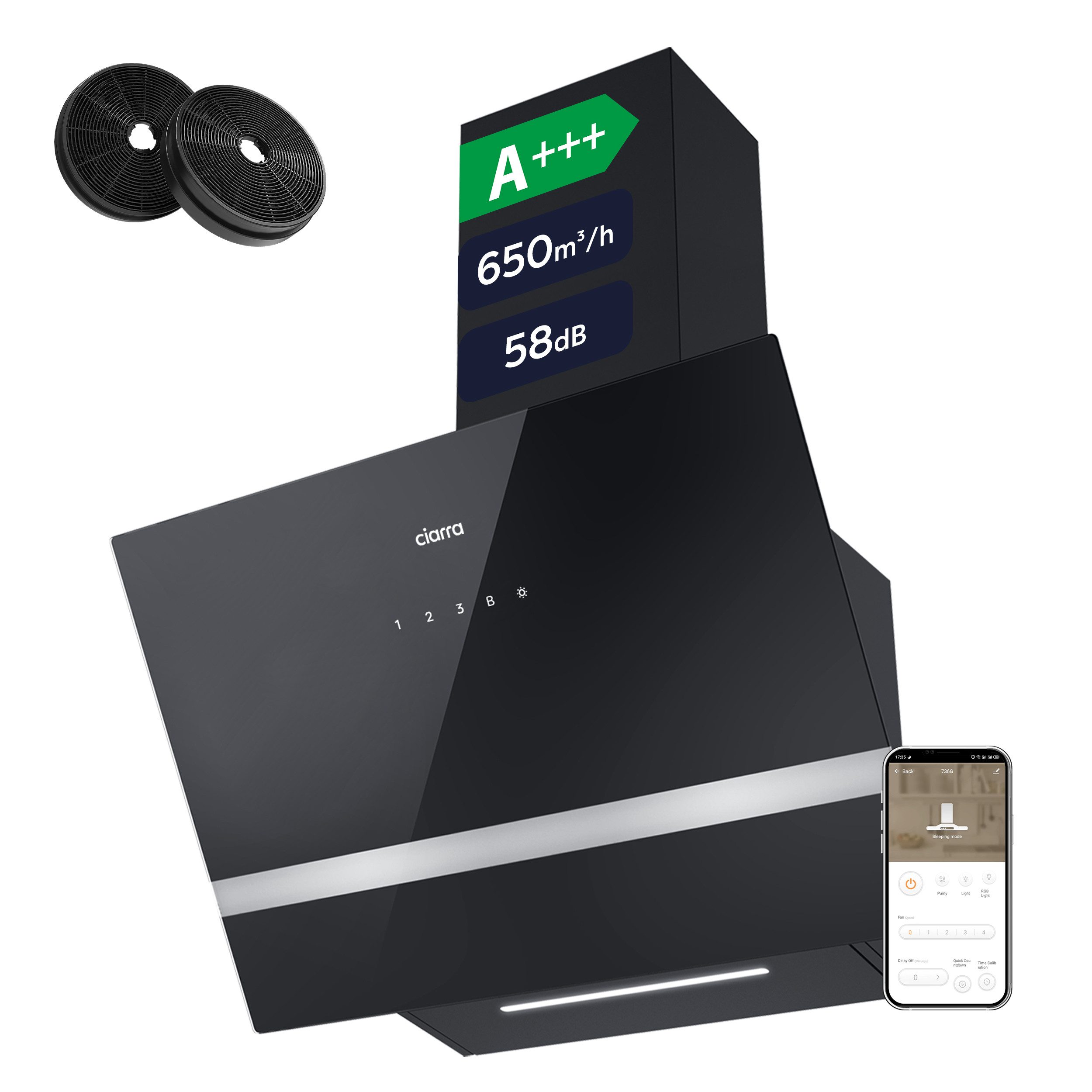 CIARRA Kopffreihaube VM6736HB VM6736HB, A+++ 650m³/h Dunstabzugshaube 60cm WIFI + APP & Touch Control BOOST