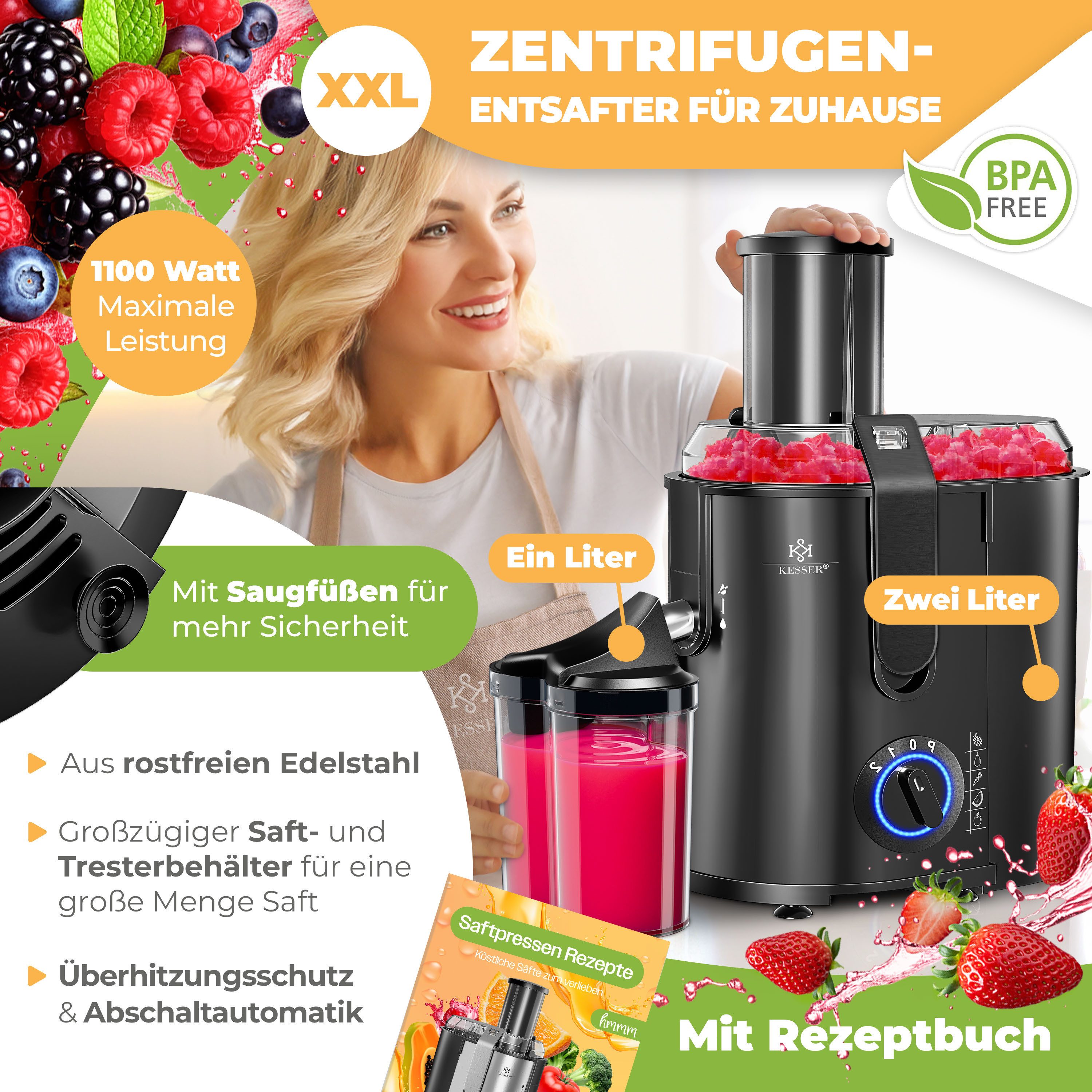 KESSER Entsafter, 1100 W, Entsafter für Obst und Gemüse aus Edelstahl 1100W