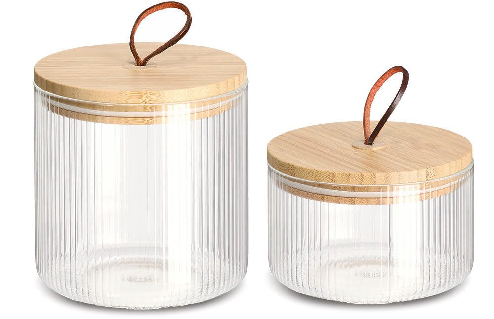 Zeller Present Vorratsglas, Bambus, Glas, (Set, 2-tlg., Vorratsglas 1050ml, Ø 12 x 12,7 cm, Vorratsglas 520ml, 12 x 7,8 cm), Schlaufe am Deckel aus Leder