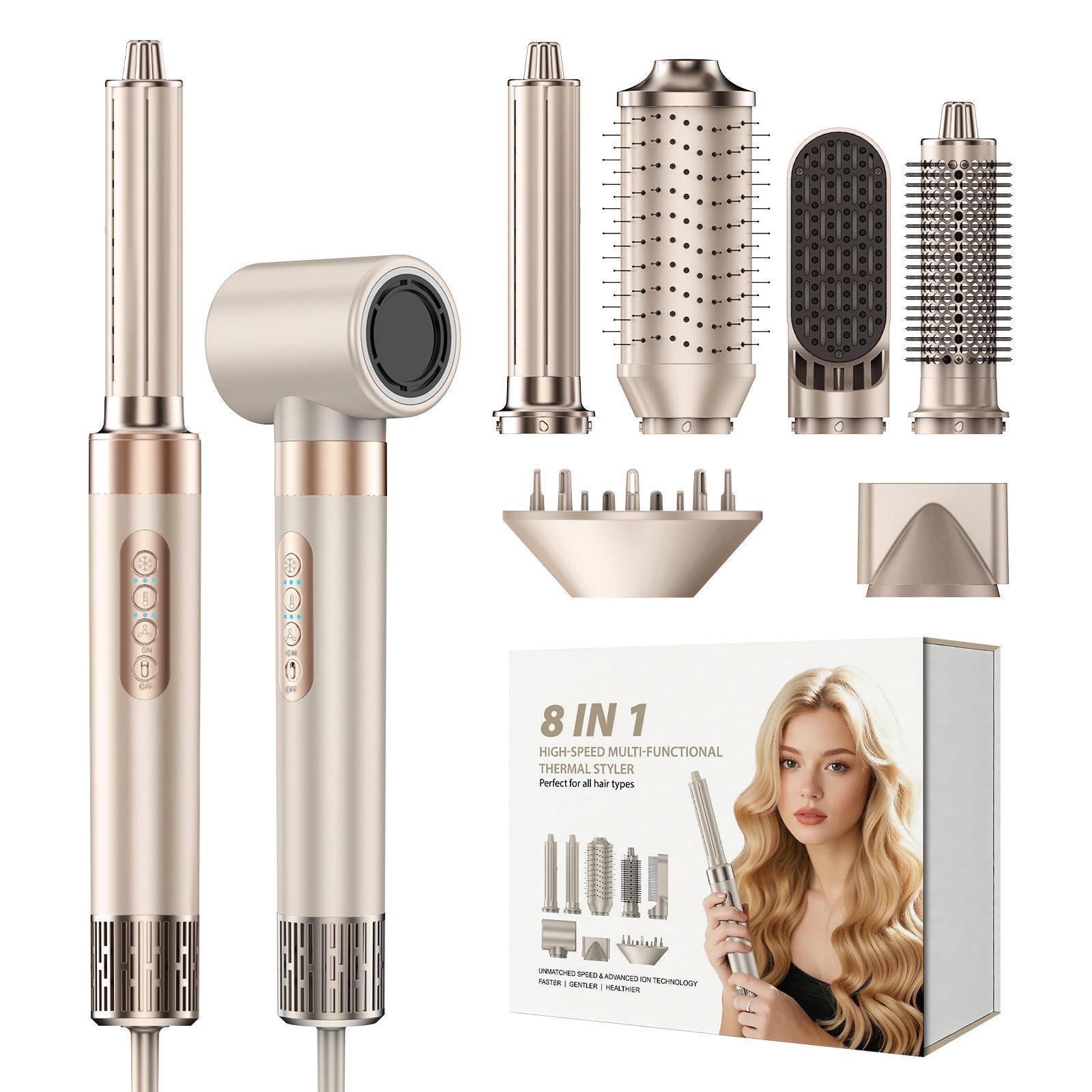 ANYSUN Warmluftbürste Airstyler Lockendreher, Haarstyler, 8 in 1 Haarstyler Hitzeschaden, 1300 Watt alleHaarlängen, mit 8Aufsätzen, Salon One-StepHaartrockner