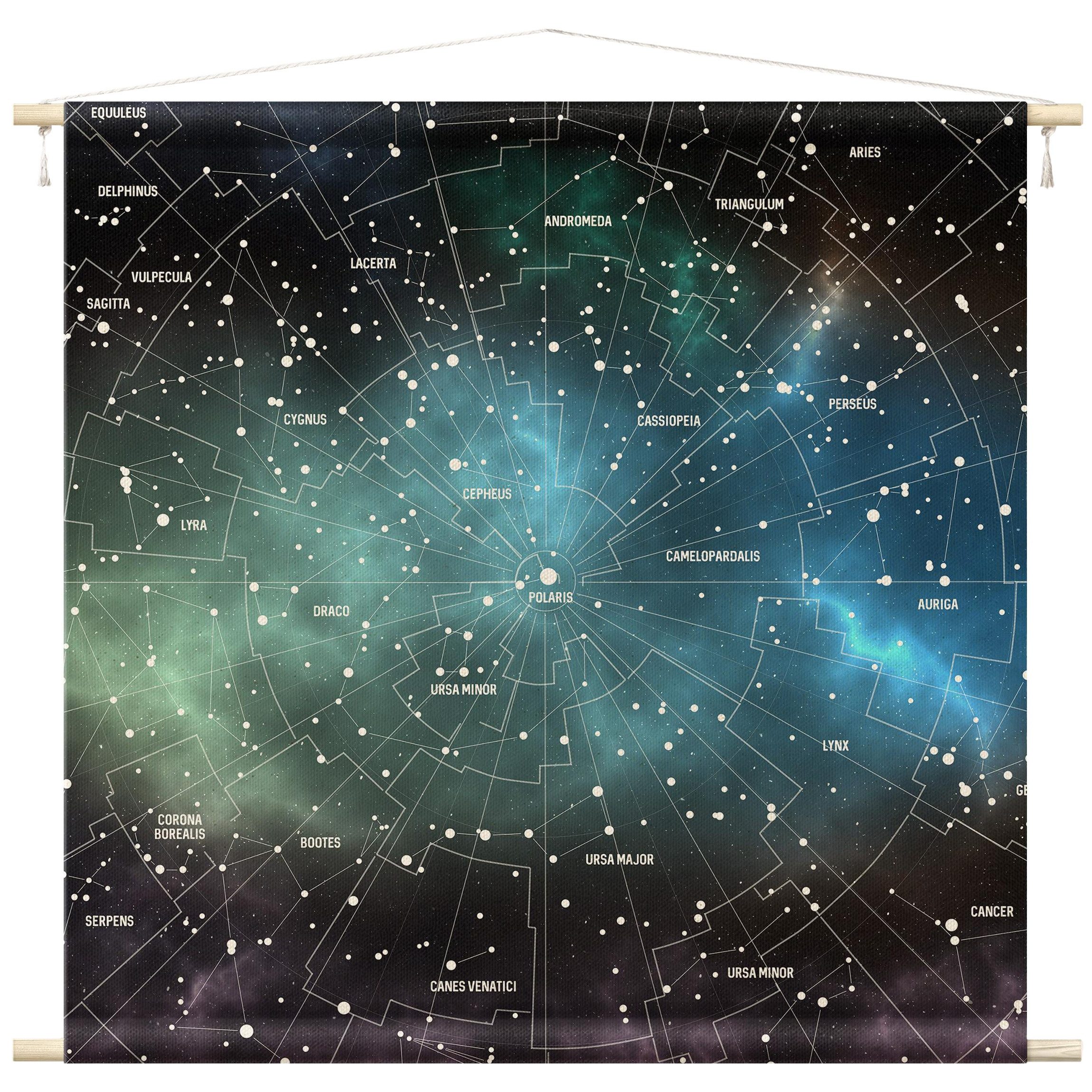 Bilderdepot24 Wandteppich modern Weltkarte Sterne schwarz, quadratisch, Höhe: 2.6 mm, großes Wandbild aus Natur-Baumwolle Wandbehang Stoffbild Tuch Wollseil