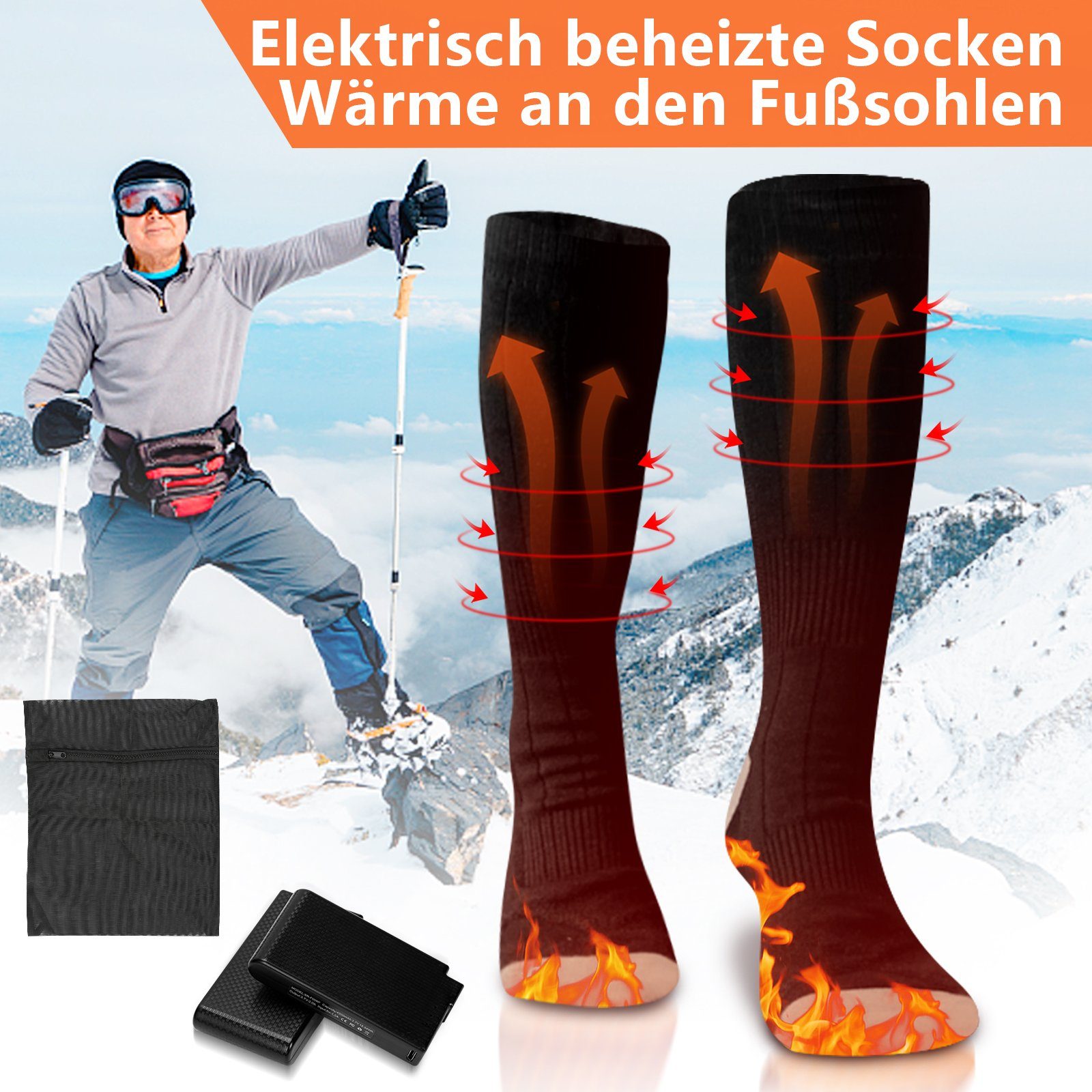 4200mAh Heizsocke Sportsocken Beheizbare Gimisgu Einlegesohlen HEAT Unisex Schwarz Socken