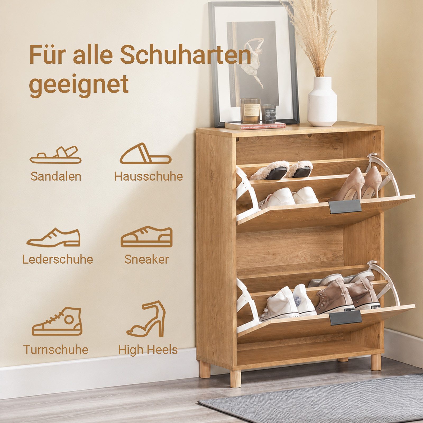 SoBuy Schuhschrank FSR200, Schuhschrank schmal, Schuhkipper Schuhkommode Holz, Kippschutz Schuhregal, mit 2 Klappen, verstellbaren Böden, für 8 Paar Schuhe